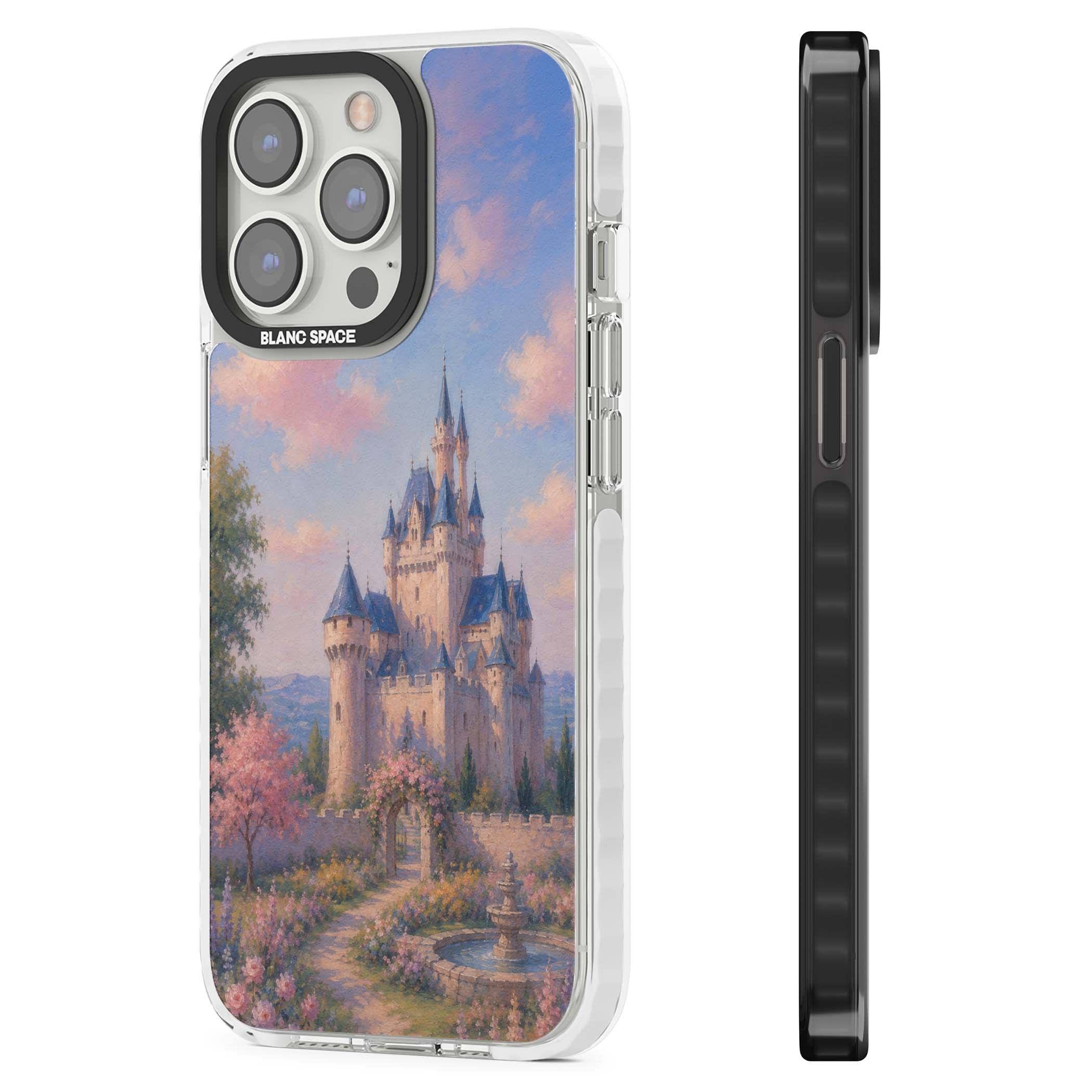 Enchanted Kingdom fairytale iPhone case featuring a romantic castle painting with cherry blossoms and pastel pink sky | Impact Magsafe case for iPhone 13 Pro, iPhone 14 Pro, iPhone 15 Pro
