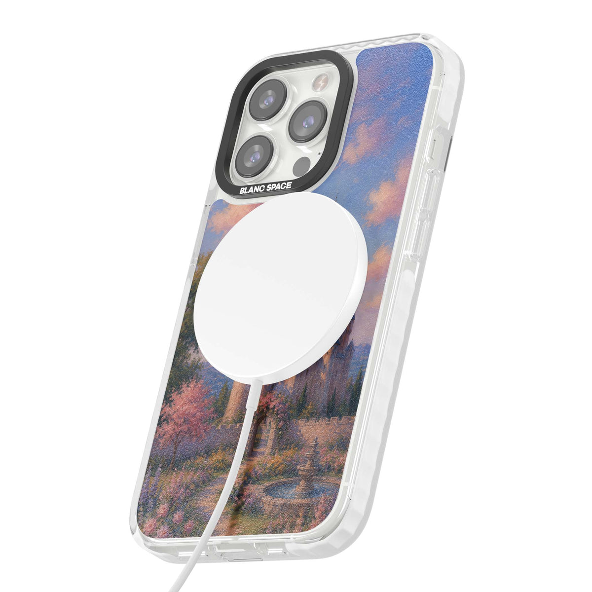 Enchanted Kingdom fairytale iPhone case featuring a romantic castle painting with cherry blossoms and pastel pink sky | Impact Magsafe case for iPhone 13 Pro, iPhone 14 Pro, iPhone 15 Pro