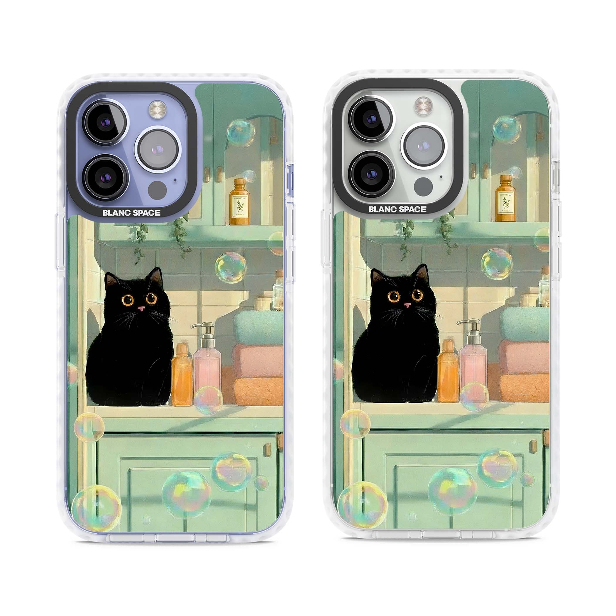Bathroom Bubble Kitty cottagecore iPhone case featuring a black cat, mint bathroom scene and floating soap bubbles | Impact Magsafe case for iPhone 13 Pro, iPhone 14 Pro, iPhone 15 Pro