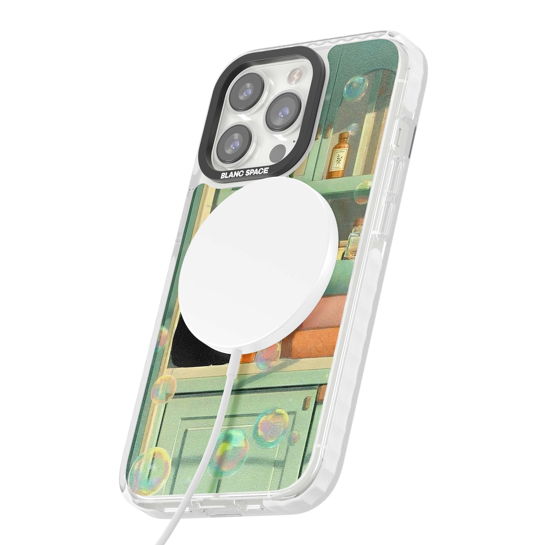 Bathroom Bubble Kitty cottagecore iPhone case featuring a black cat, mint bathroom scene and floating soap bubbles | Impact Magsafe case for iPhone 13 Pro, iPhone 14 Pro, iPhone 15 Pro