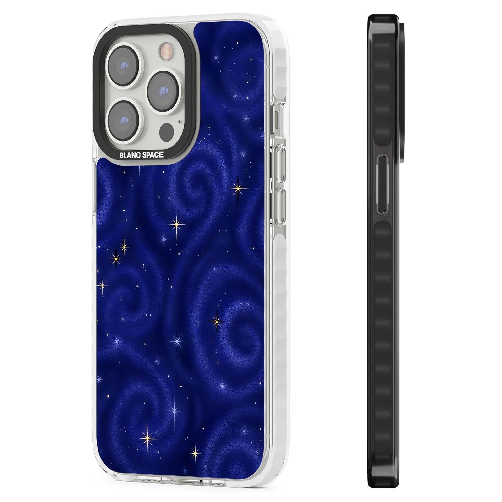 Indigo Cosmos celestial iPhone case featuring swirling navy night sky and sparkling golden stars | Impact Magsafe case for iPhone 13 Pro, iPhone 14 Pro, iPhone 15 Pro