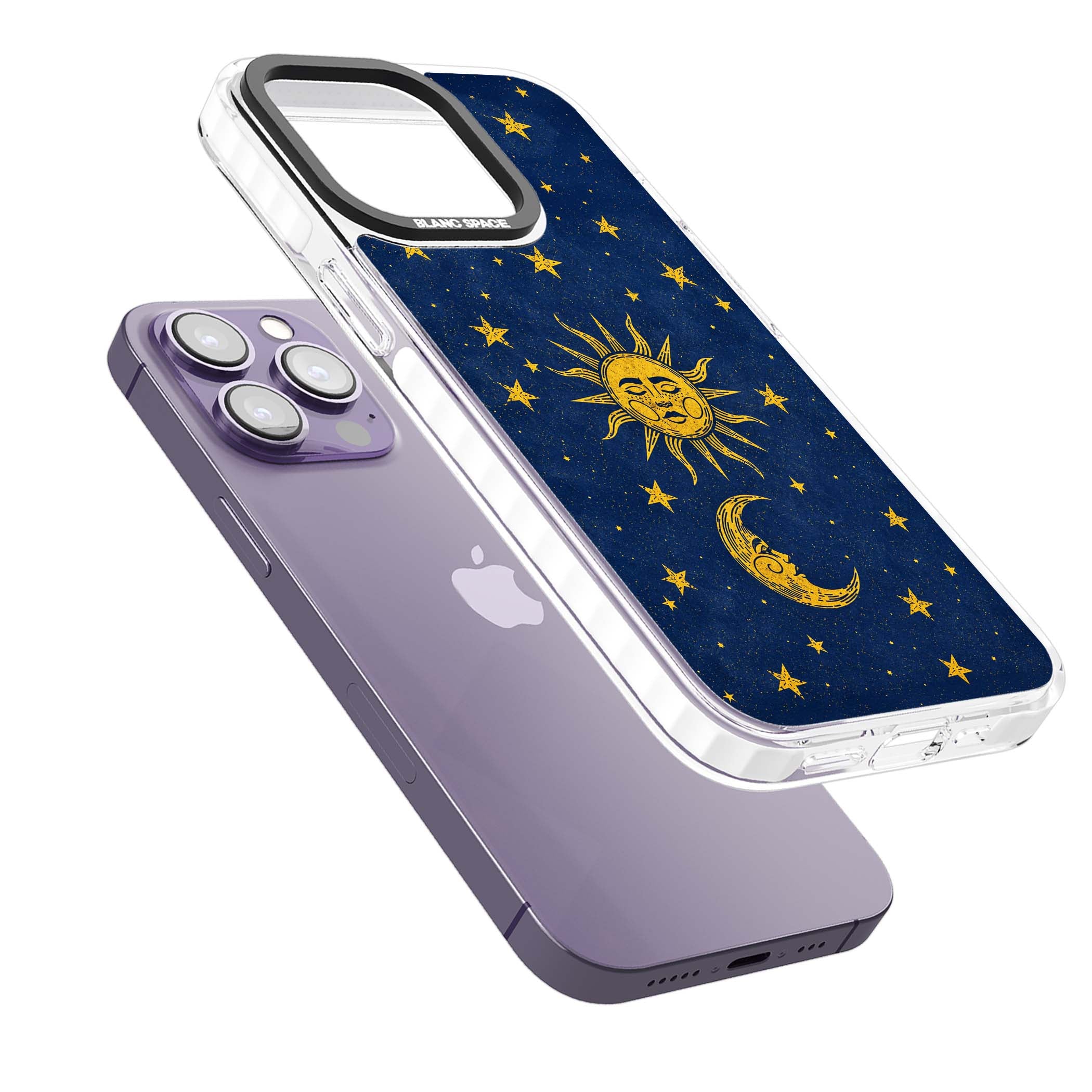 Sun & Moon Reverie celestial iPhone case featuring a vintage golden sun, crescent moon and scattered stars on midnight blue | Impact Magsafe case for iPhone 13 Pro, iPhone 14 Pro, iPhone 15 Pro