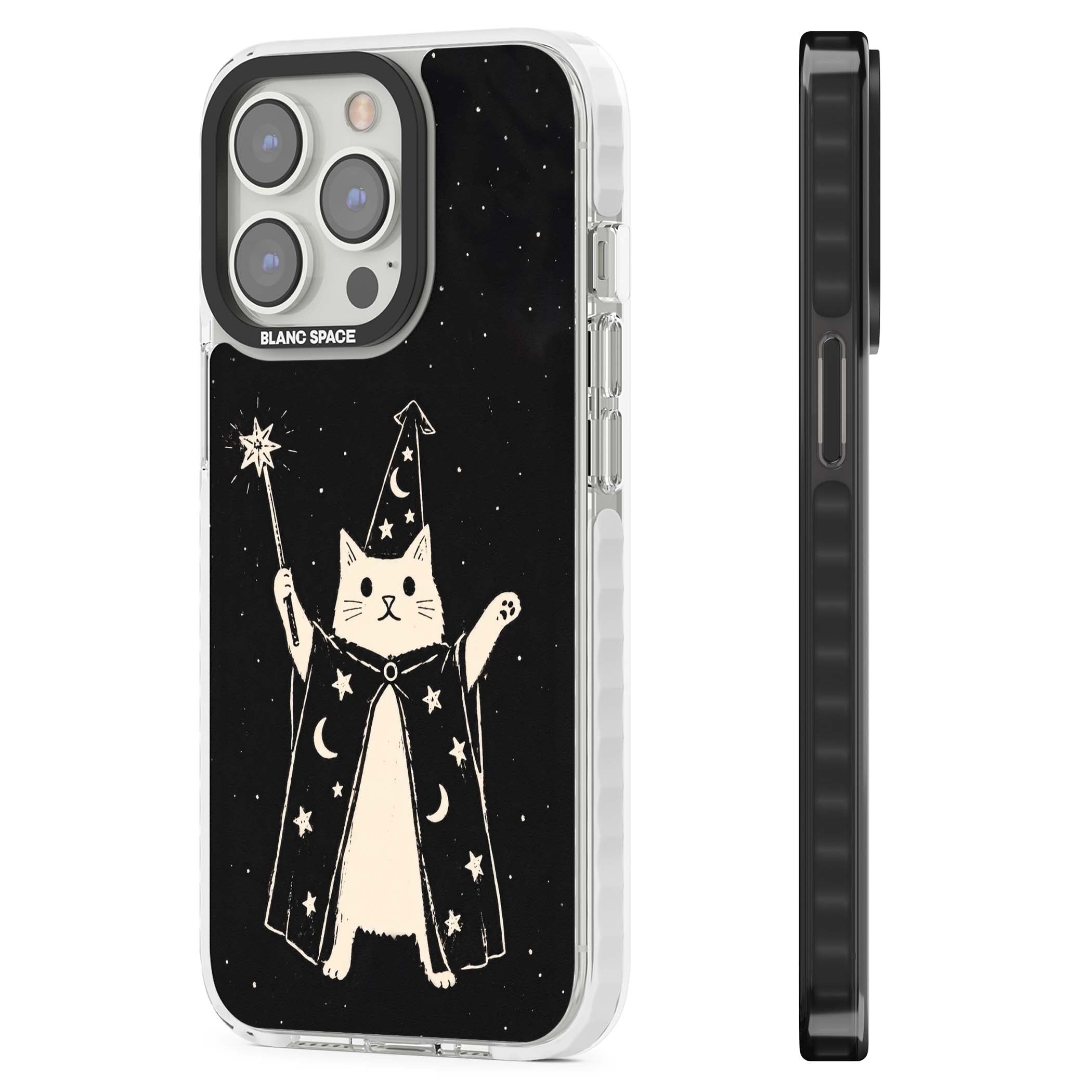 Whisker Wizard celestial cat iPhone case featuring a wizard cat with magic wand, starry night sky and crescent moons | Impact Magsafe case for iPhone 13 Pro, iPhone 14 Pro, iPhone 15 Pro