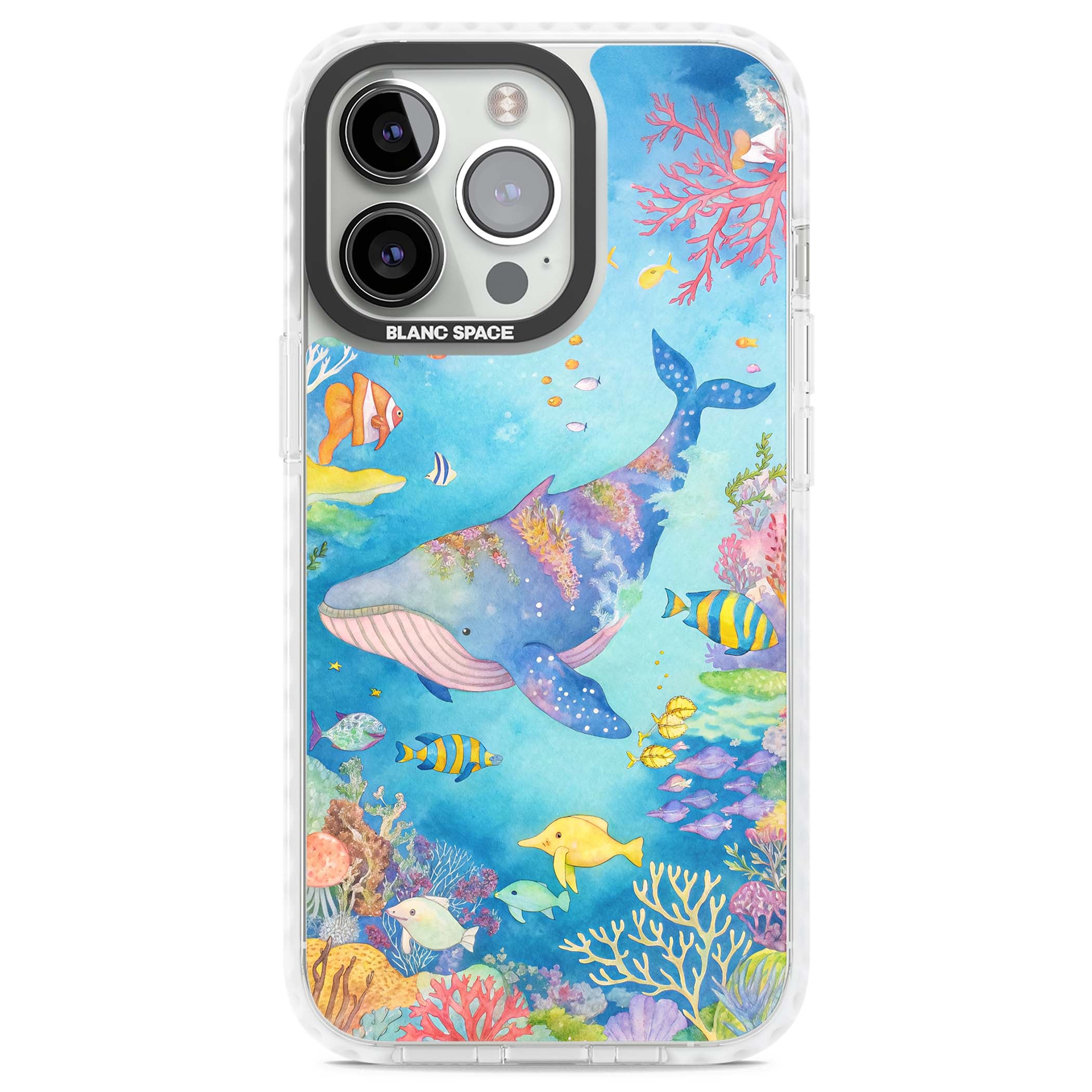 Coral Lagoon ocean iPhone case featuring a watercolour whale, coral reef and tropical fish | Impact Magsafe case for iPhone 13 Pro, iPhone 14 Pro, iPhone 15 Pro