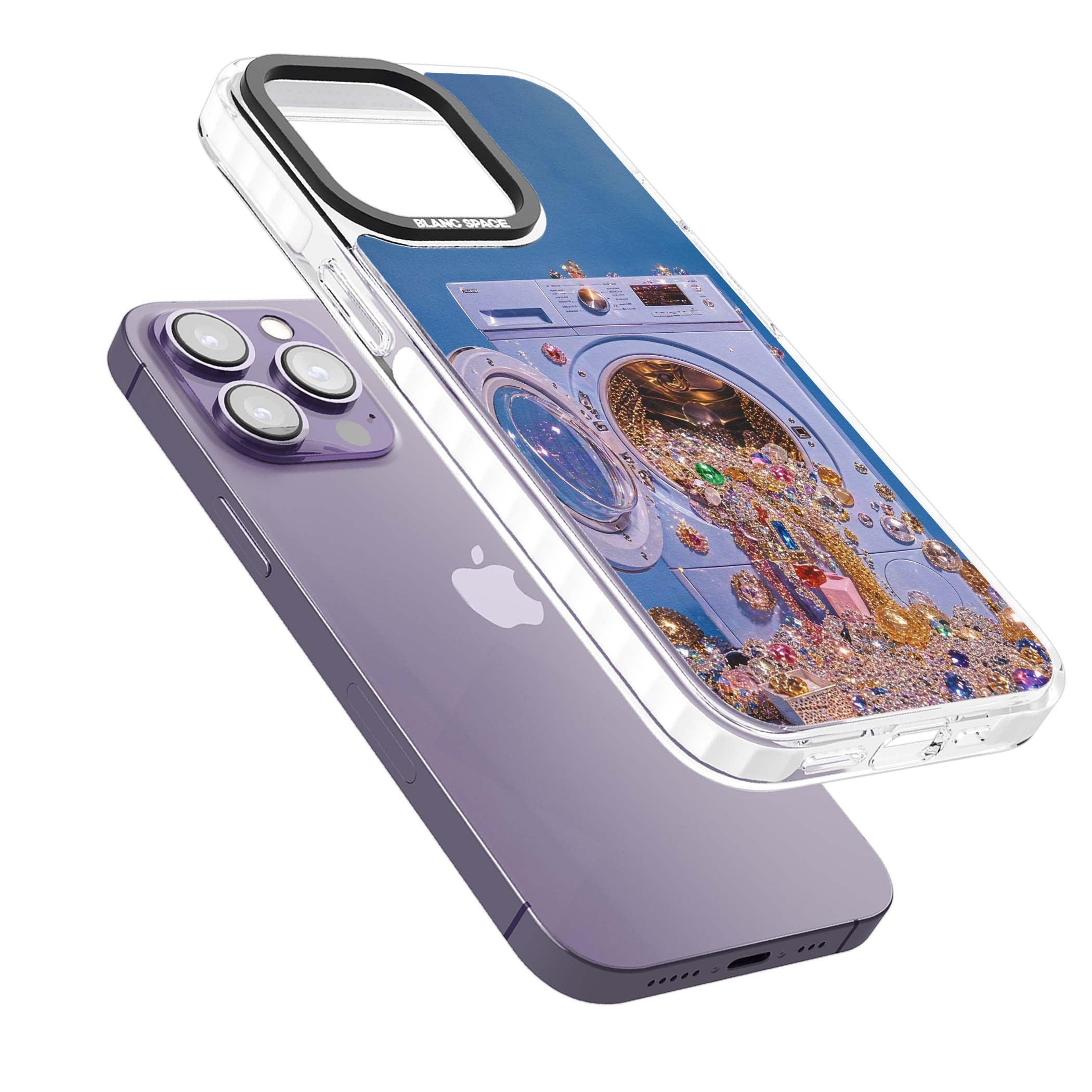 Gem Laundry baddie iPhone case featuring a surreal washing machine overflowing with colourful gemstones and crystals | Impact Magsafe case for iPhone 13 Pro, iPhone 14 Pro, iPhone 15 Pro