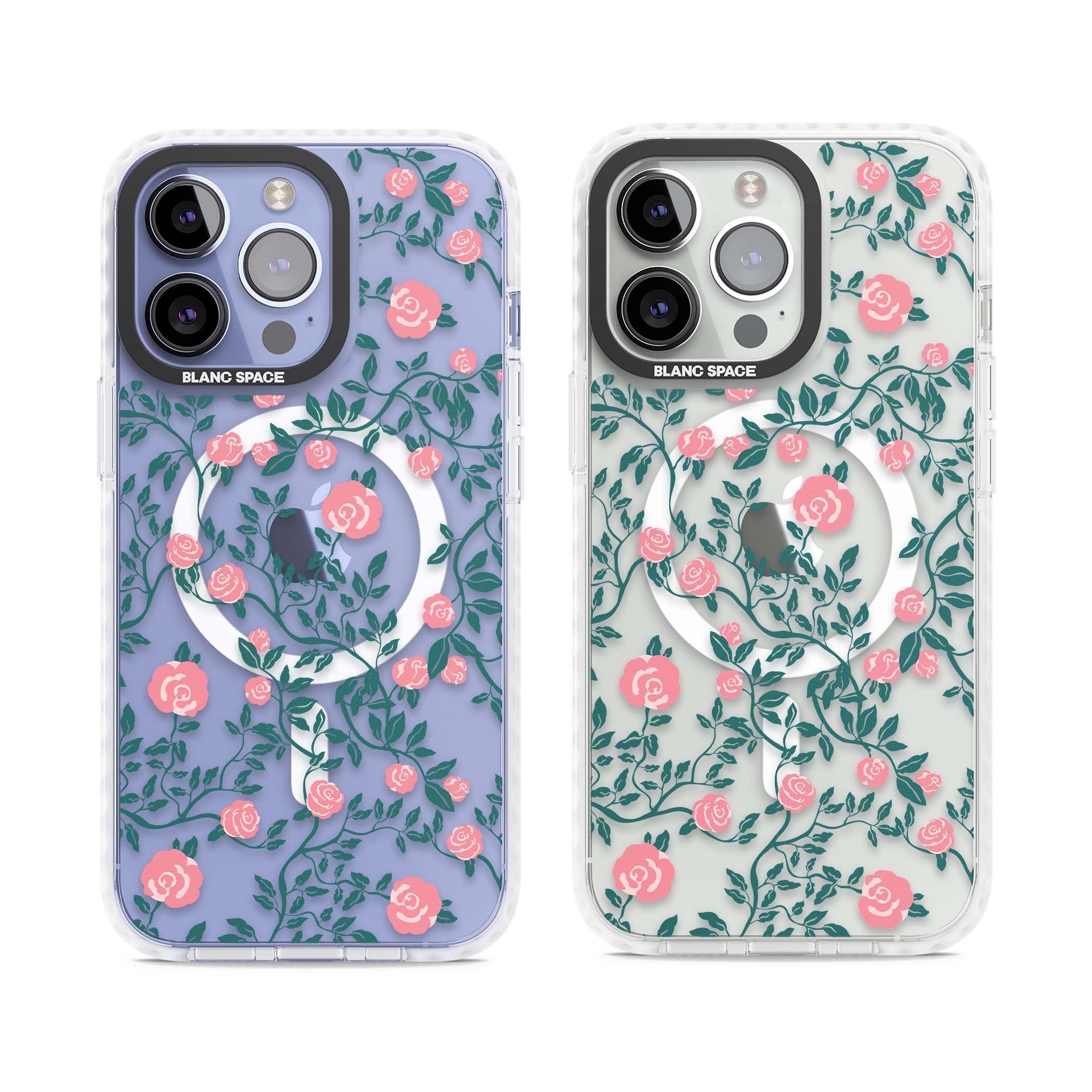 Rose Trellis (Clear) cottagecore iPhone case featuring pink climbing roses and green leaves on clear background | Impact Magsafe case for iPhone 13 Pro, iPhone 14 Pro, iPhone 15 Pro