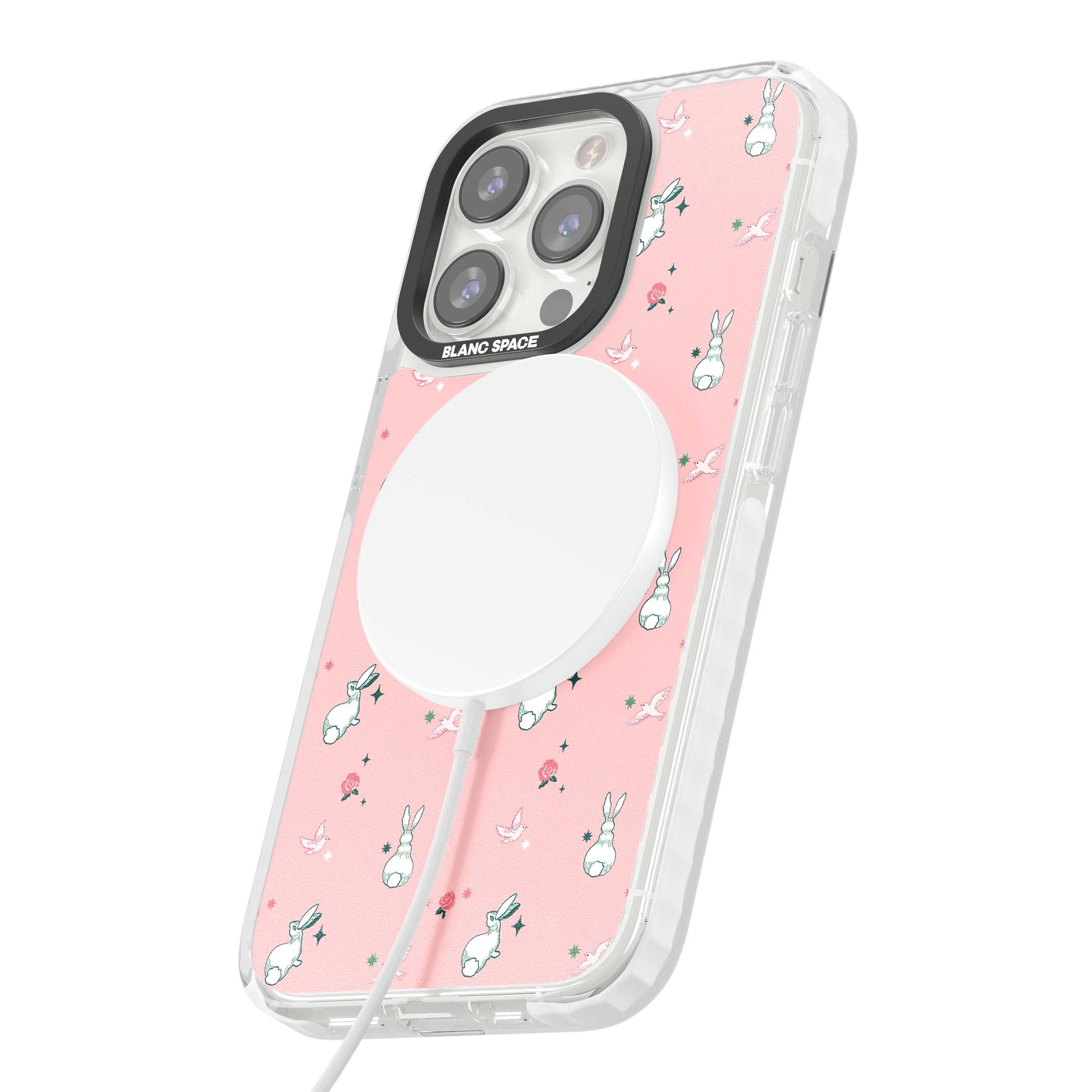 Bunny Garden kawaii iPhone case featuring white rabbits, pink roses, doves and stars on pink background | Impact Magsafe case for iPhone 13 Pro, iPhone 14 Pro, iPhone 15 Pro
