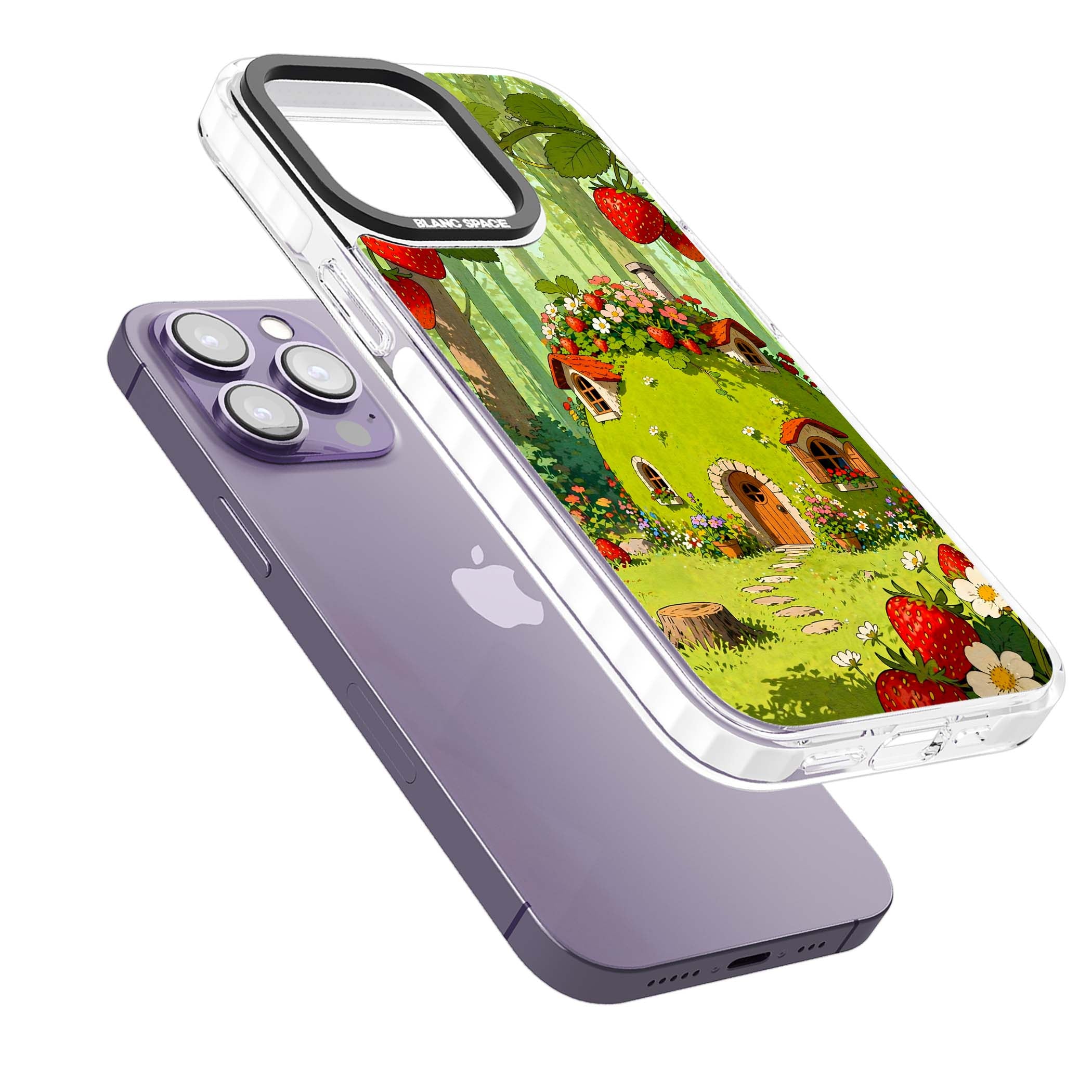 Strawberry Cottage cottagecore iPhone case featuring a green fairy house, wild strawberries and enchanted forest flowers | Impact Magsafe case for iPhone 13 Pro, iPhone 14 Pro, iPhone 15 Pro