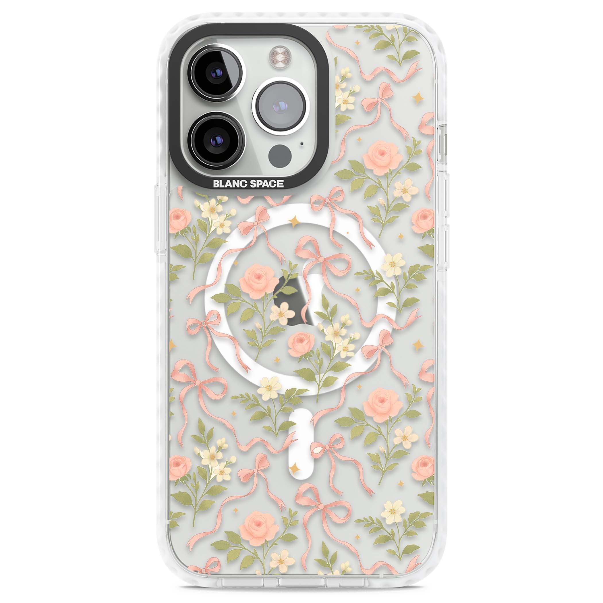 Ribbon Garden coquette iPhone case featuring pink bows, peach roses and wildflowers on white background | Impact Magsafe case for iPhone 13 Pro, iPhone 14 Pro, iPhone 15 Pro