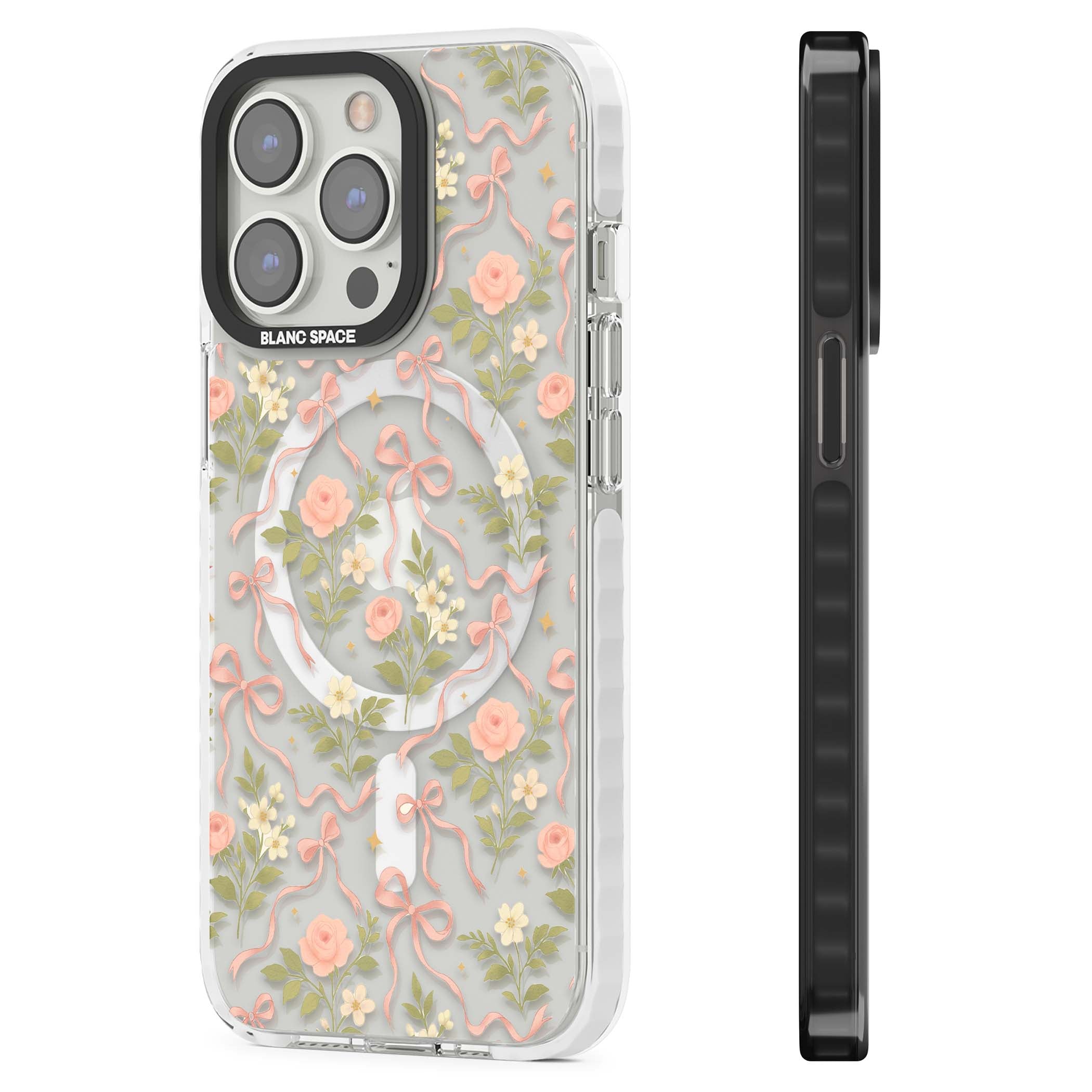 Ribbon Garden coquette iPhone case featuring pink bows, peach roses and wildflowers on white background | Impact Magsafe case for iPhone 13 Pro, iPhone 14 Pro, iPhone 15 Pro
