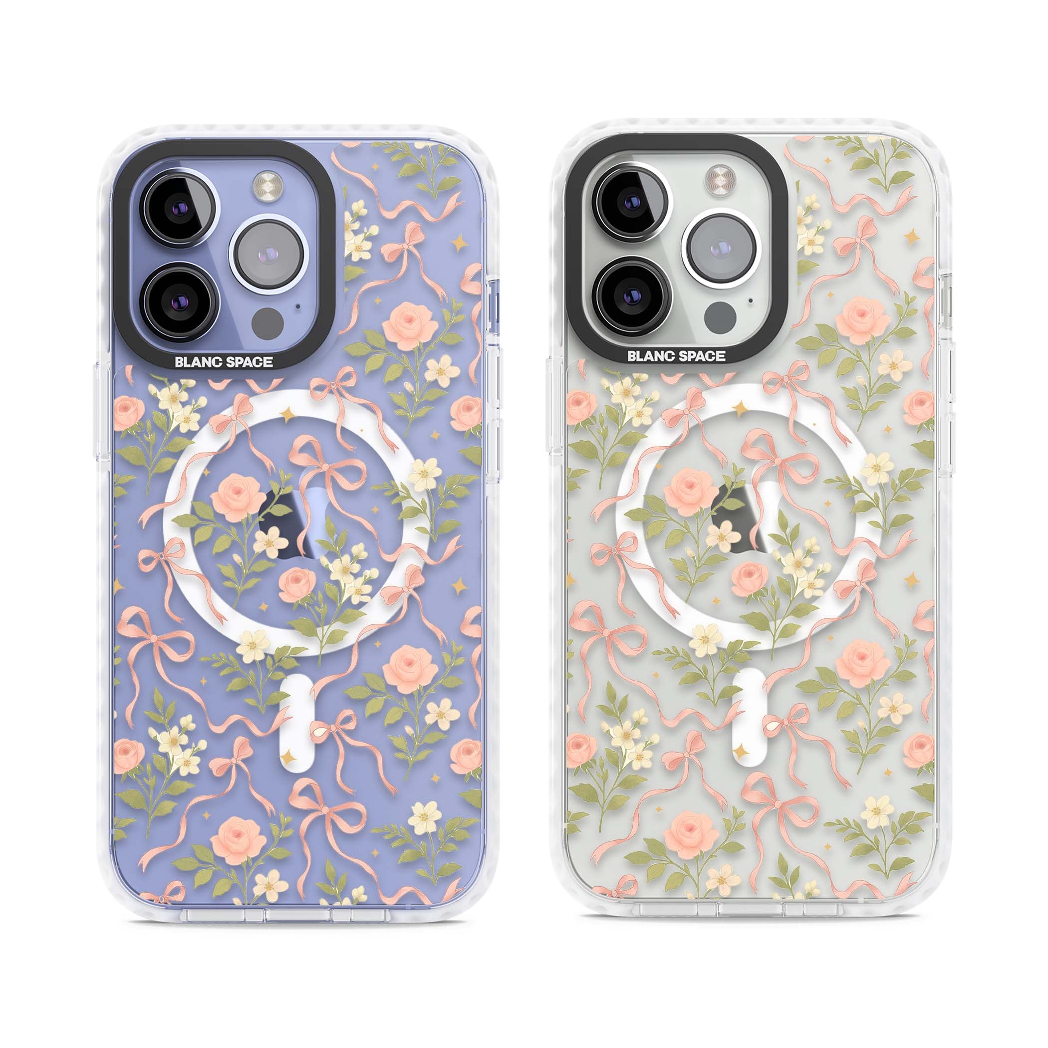 Ribbon Garden coquette iPhone case featuring pink bows, peach roses and wildflowers on white background | Impact Magsafe case for iPhone 13 Pro, iPhone 14 Pro, iPhone 15 Pro