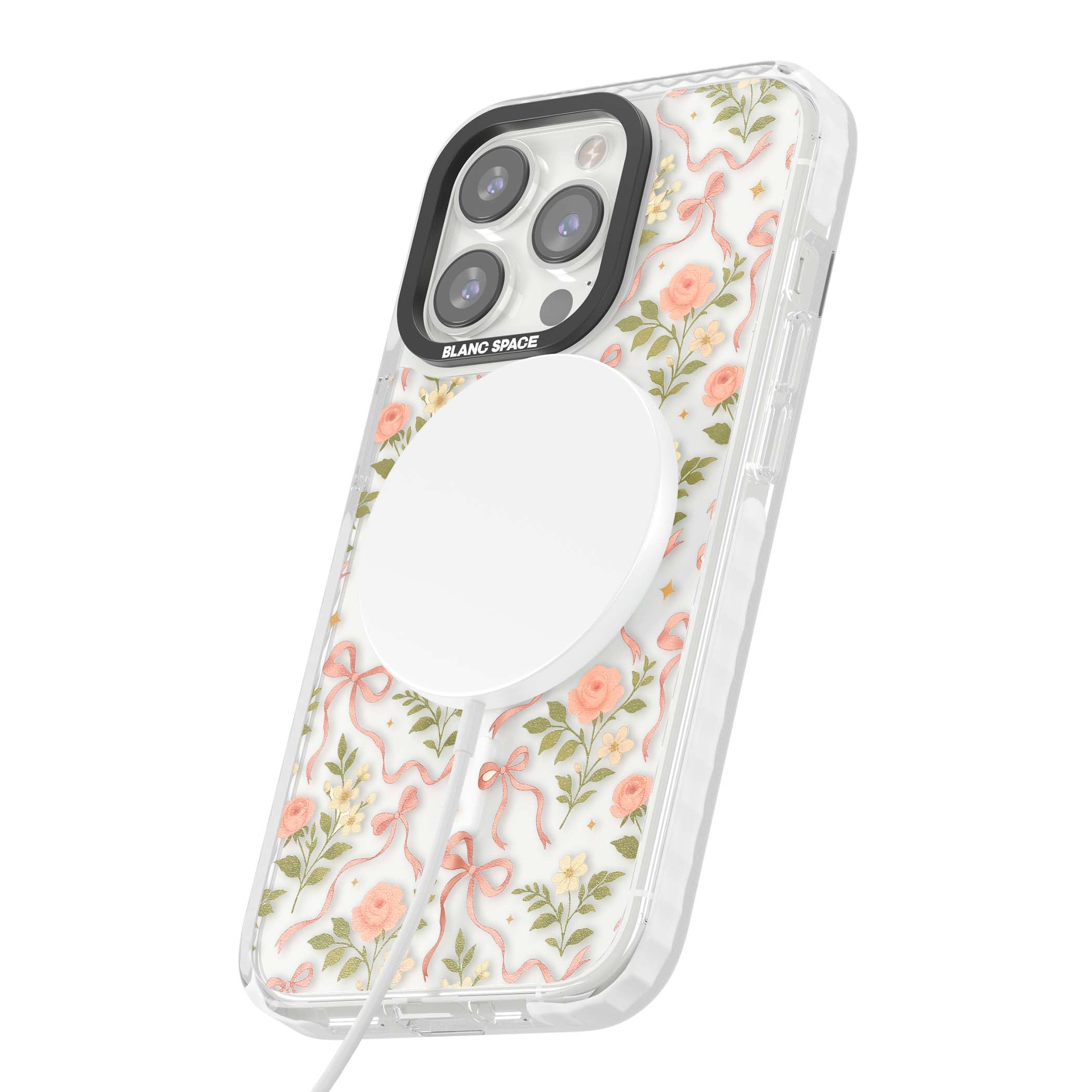 Ribbon Garden coquette iPhone case featuring pink bows, peach roses and wildflowers on white background | Impact Magsafe case for iPhone 13 Pro, iPhone 14 Pro, iPhone 15 Pro