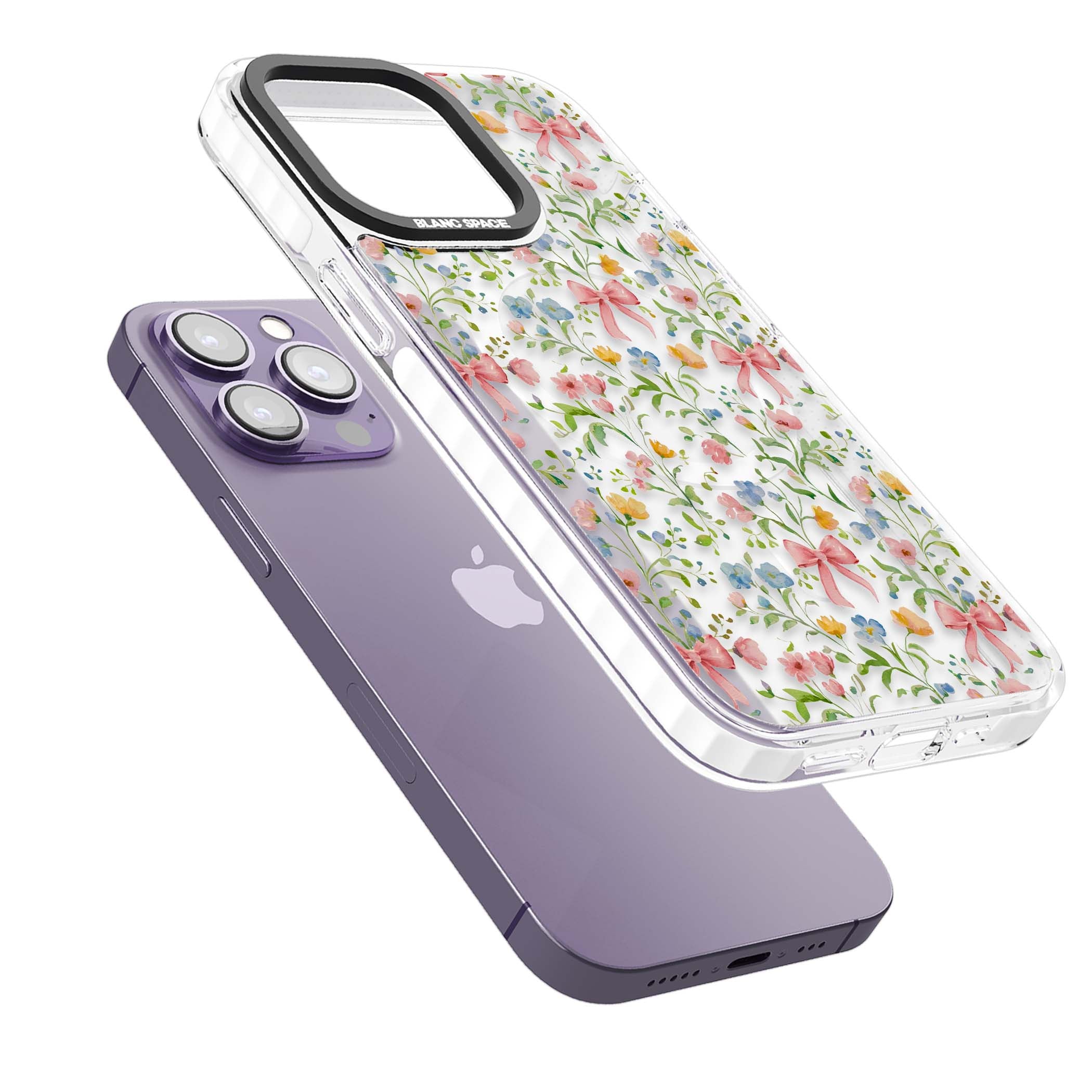 Ribbons & Wildflowers cottagecore iPhone case featuring watercolor wildflowers, pink satin bows, and delicate spring blooms o | Impact Magsafe case for iPhone 13 Pro, iPhone 14 Pro, iPhone 15 Pro