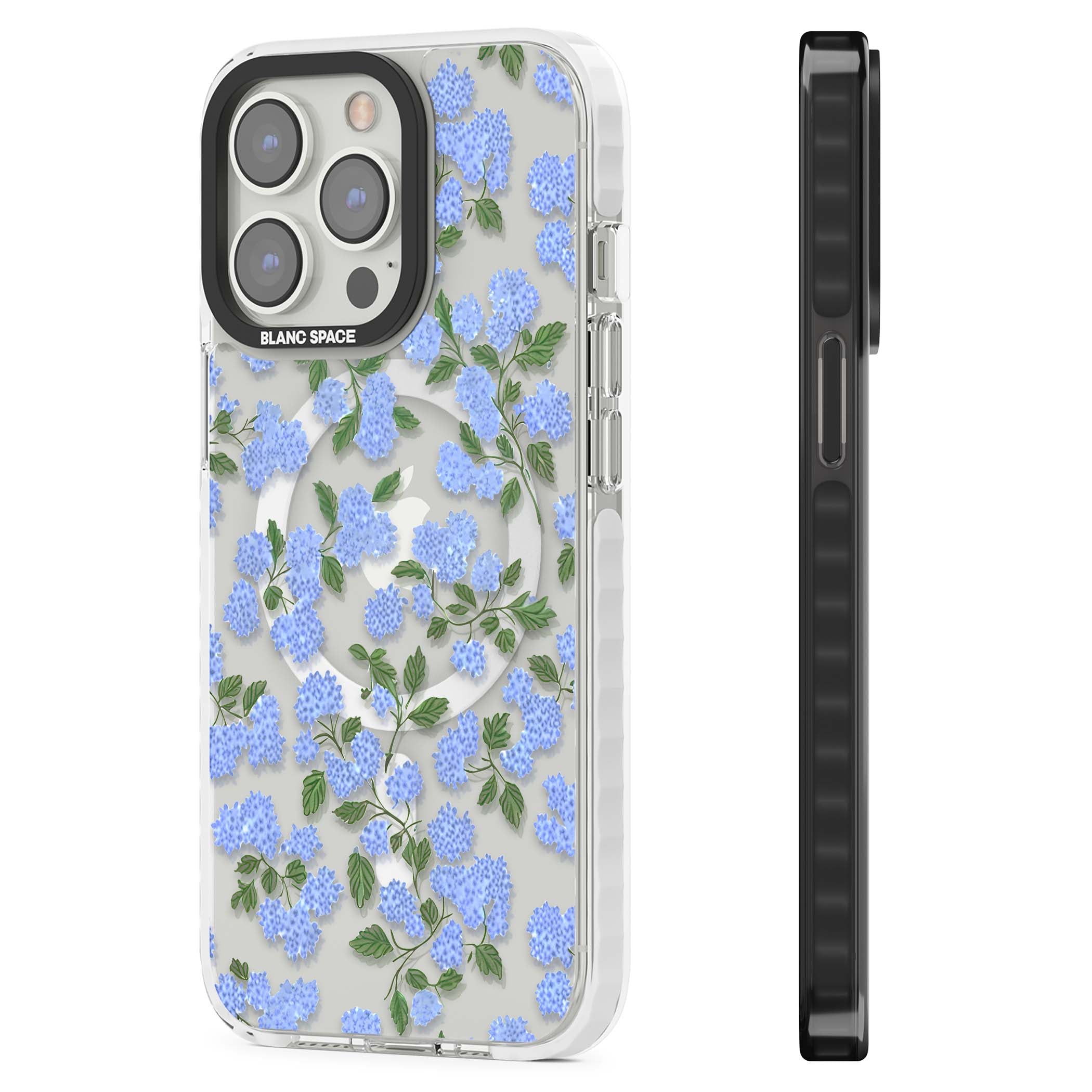 Hydrangea Dreams cottagecore iPhone case featuring soft blue hydrangea flower clusters and green leaves | Impact Magsafe case for iPhone 13 Pro, iPhone 14 Pro, iPhone 15 Pro