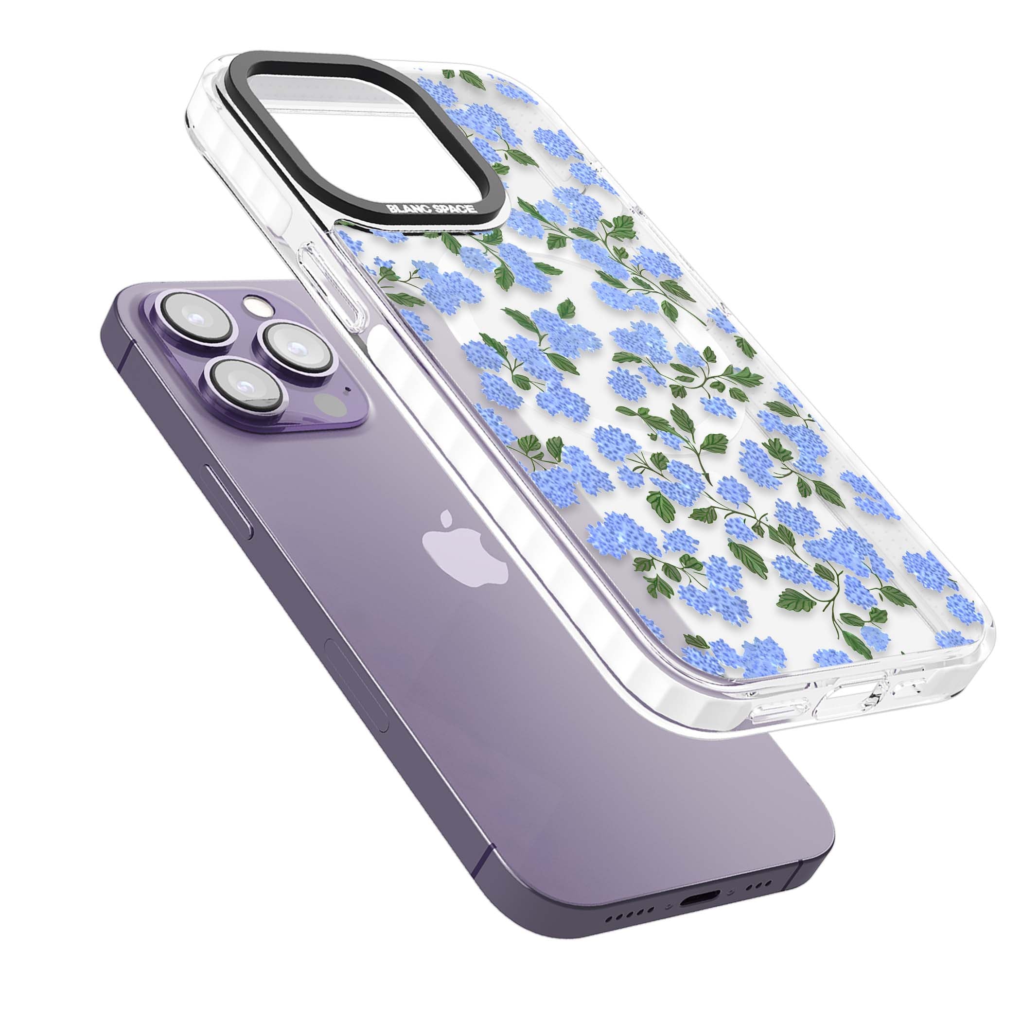 Hydrangea Dreams cottagecore iPhone case featuring soft blue hydrangea flower clusters and green leaves | Impact Magsafe case for iPhone 13 Pro, iPhone 14 Pro, iPhone 15 Pro