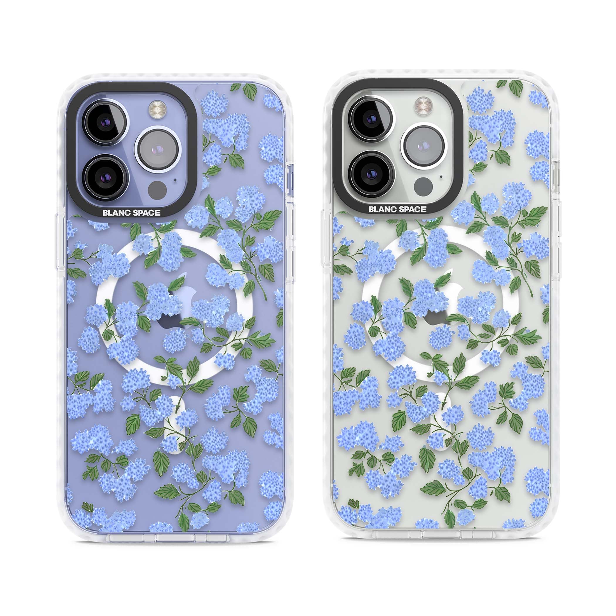 Hydrangea Dreams cottagecore iPhone case featuring soft blue hydrangea flower clusters and green leaves | Impact Magsafe case for iPhone 13 Pro, iPhone 14 Pro, iPhone 15 Pro