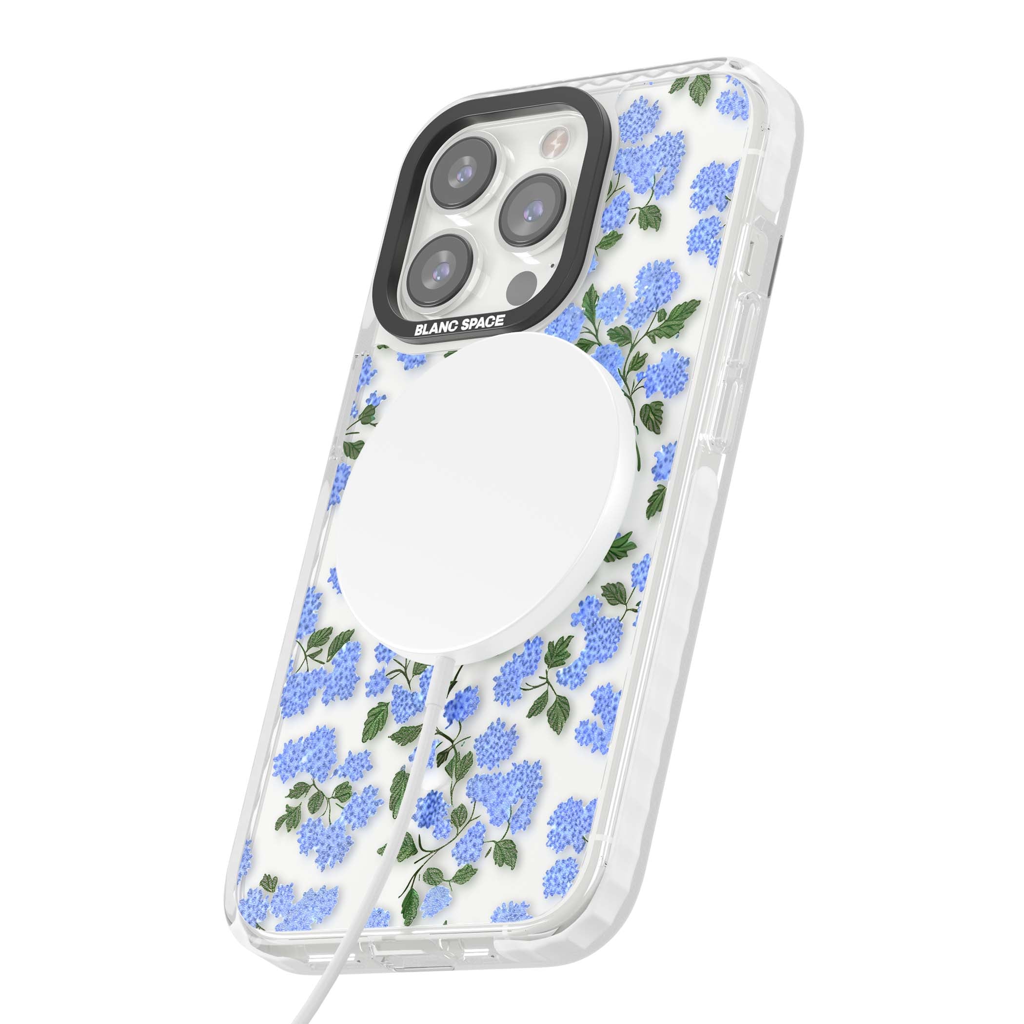 Hydrangea Dreams cottagecore iPhone case featuring soft blue hydrangea flower clusters and green leaves | Impact Magsafe case for iPhone 13 Pro, iPhone 14 Pro, iPhone 15 Pro