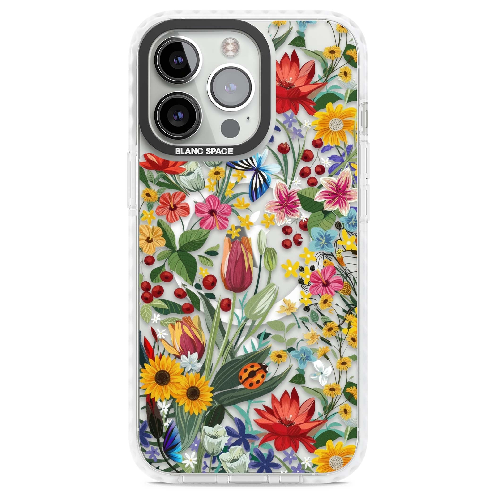 Botanical Bloom cottagecore iPhone case featuring colorful wildflowers, sunflowers, and ladybugs on clear background | Impact Magsafe case for iPhone 13 Pro, iPhone 14 Pro, iPhone 15 Pro