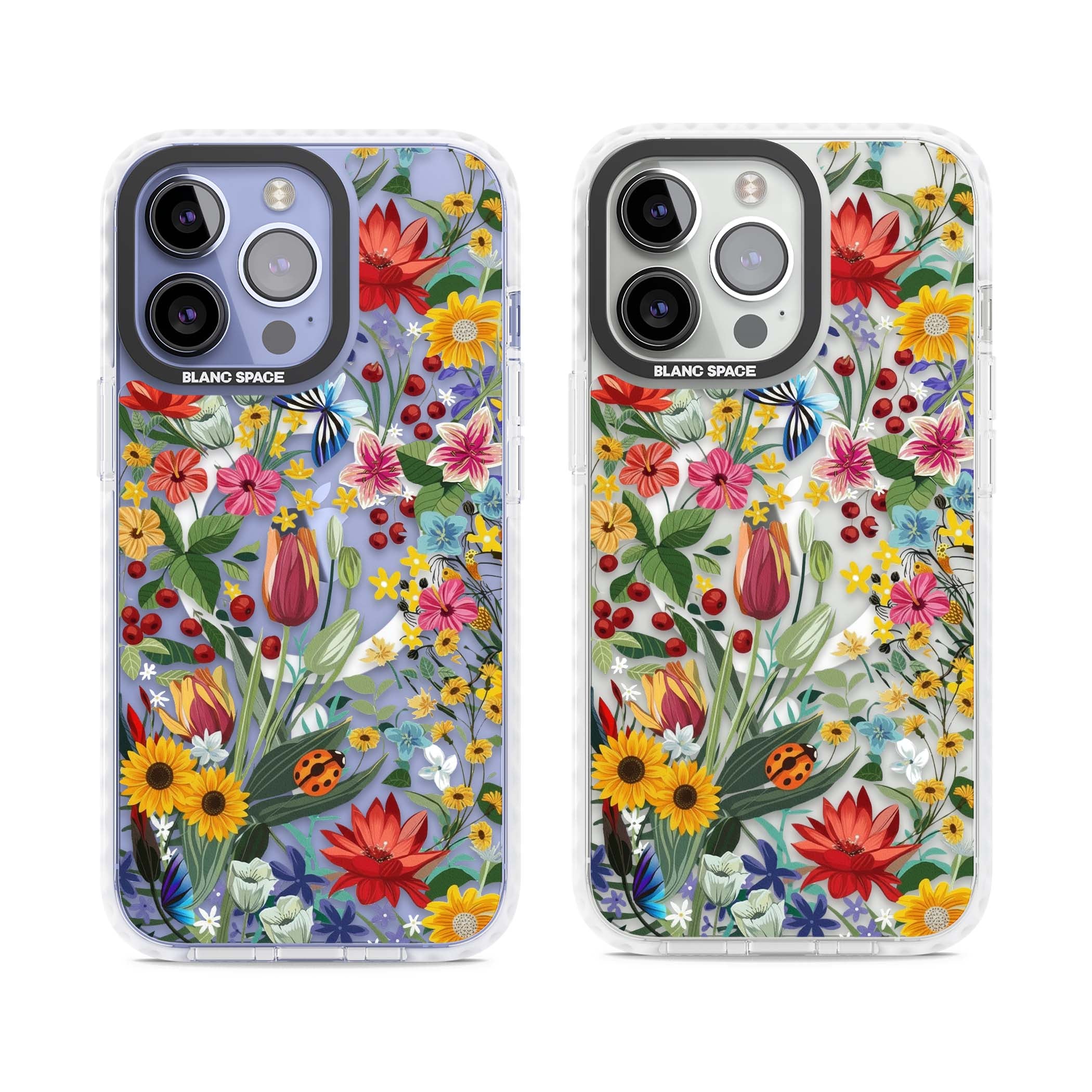 Botanical Bloom cottagecore iPhone case featuring colorful wildflowers, sunflowers, and ladybugs on clear background | Impact Magsafe case for iPhone 13 Pro, iPhone 14 Pro, iPhone 15 Pro