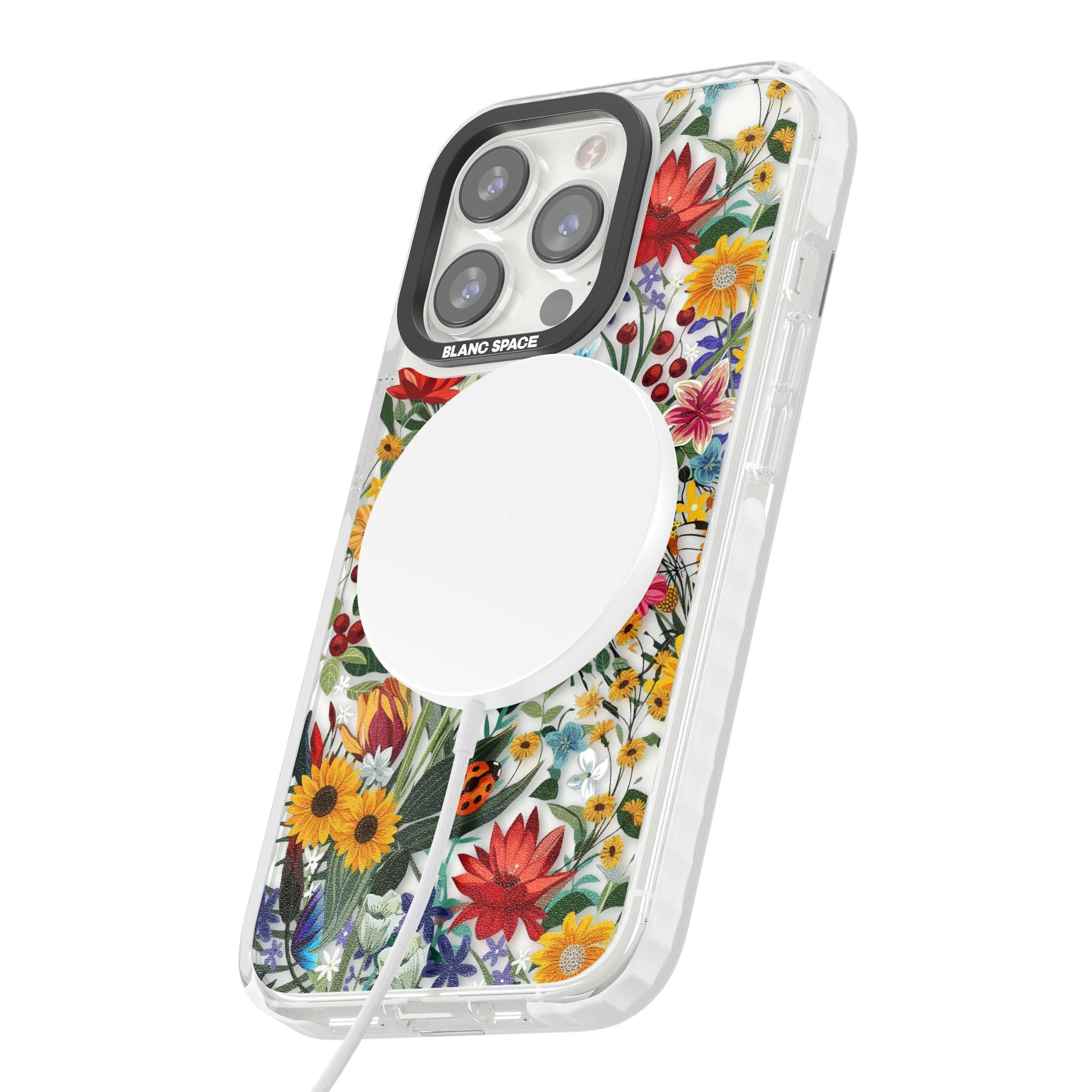 Botanical Bloom cottagecore iPhone case featuring colorful wildflowers, sunflowers, and ladybugs on clear background | Impact Magsafe case for iPhone 13 Pro, iPhone 14 Pro, iPhone 15 Pro