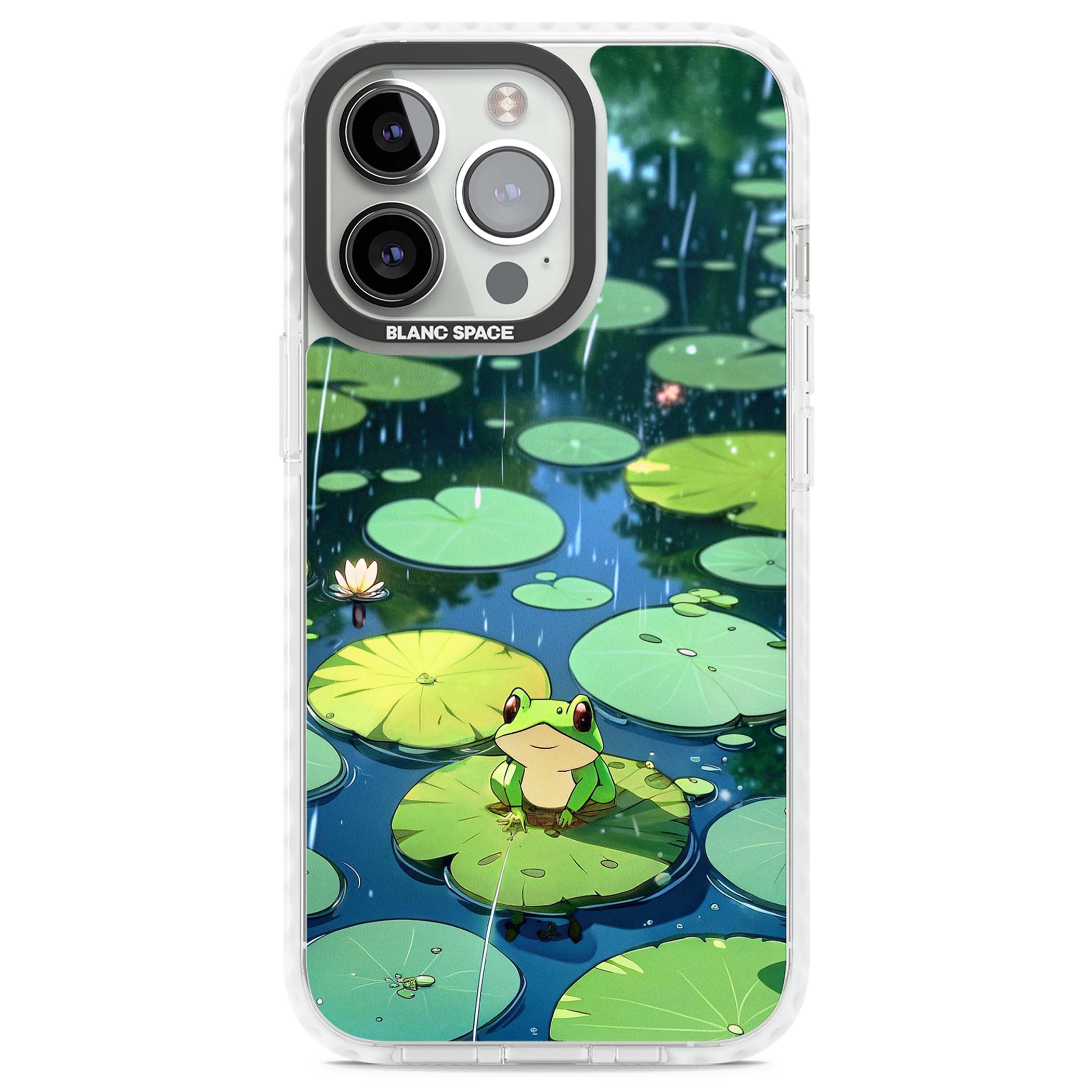 Frog In Lily Pond cottagecore iPhone case featuring a cute green frog on a lily pad with falling rain and a lotus flower | Impact Magsafe case for iPhone 13 Pro, iPhone 14 Pro, iPhone 15 Pro