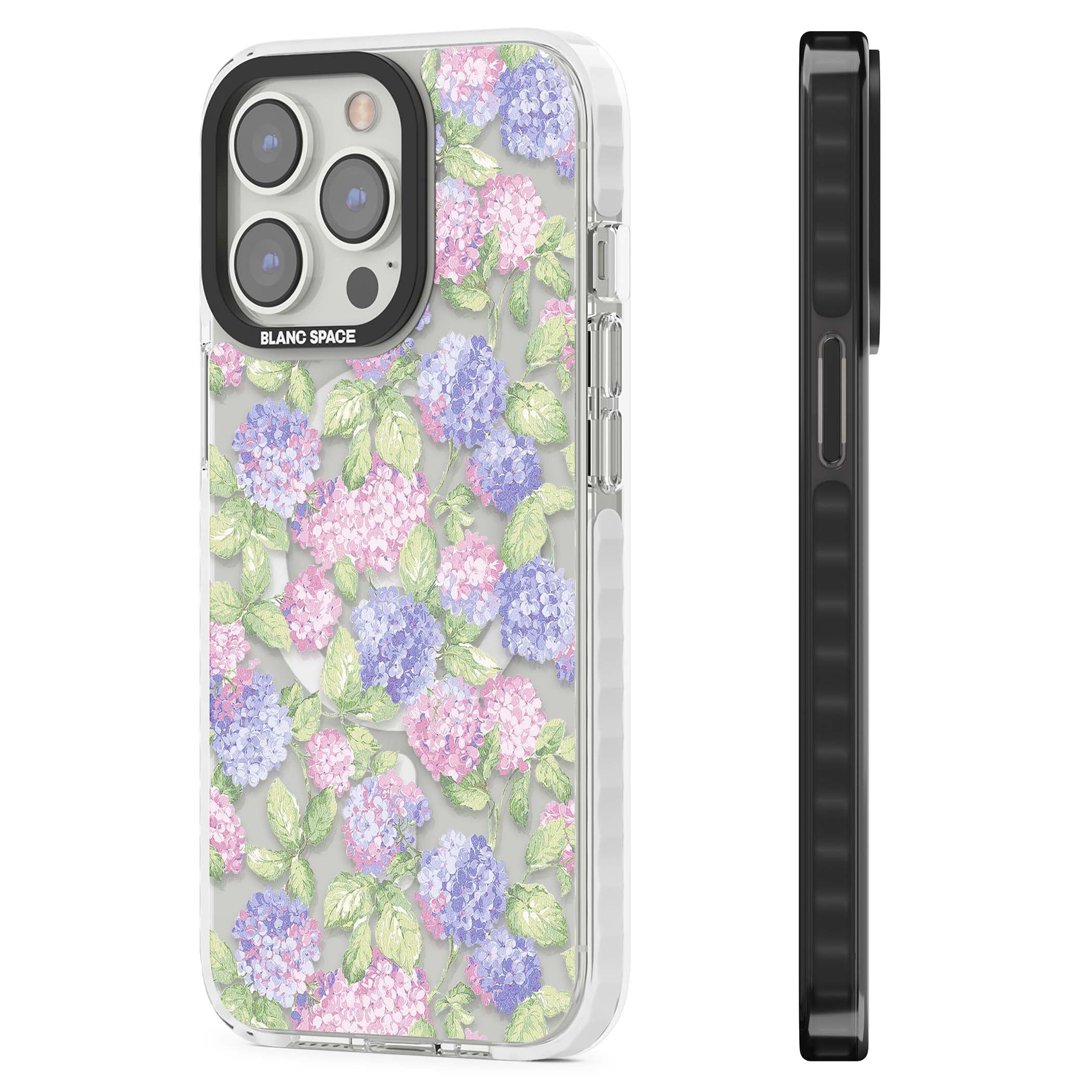 Cottage Hydrangea cottagecore iPhone case featuring pink and purple hydrangea blooms with green leaves on a clear background | Impact Magsafe case for iPhone 13 Pro, iPhone 14 Pro, iPhone 15 Pro