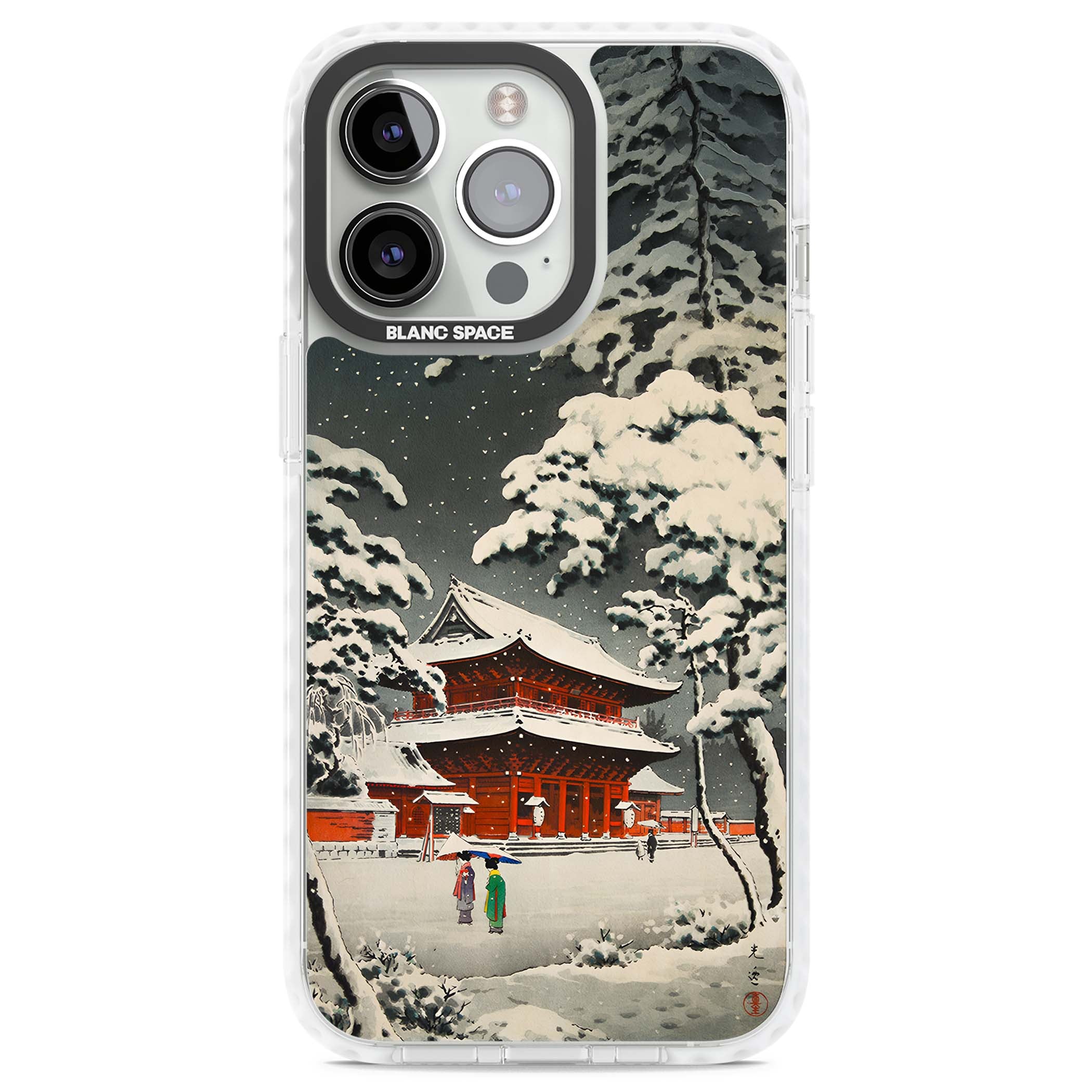 Snow at Shiha Park, Tokyo Japanese art iPhone case featuring a vintage ukiyo-e snowy temple, red pagoda, and snow-covered pin | Impact Magsafe case for iPhone 13 Pro, iPhone 14 Pro, iPhone 15 Pro
