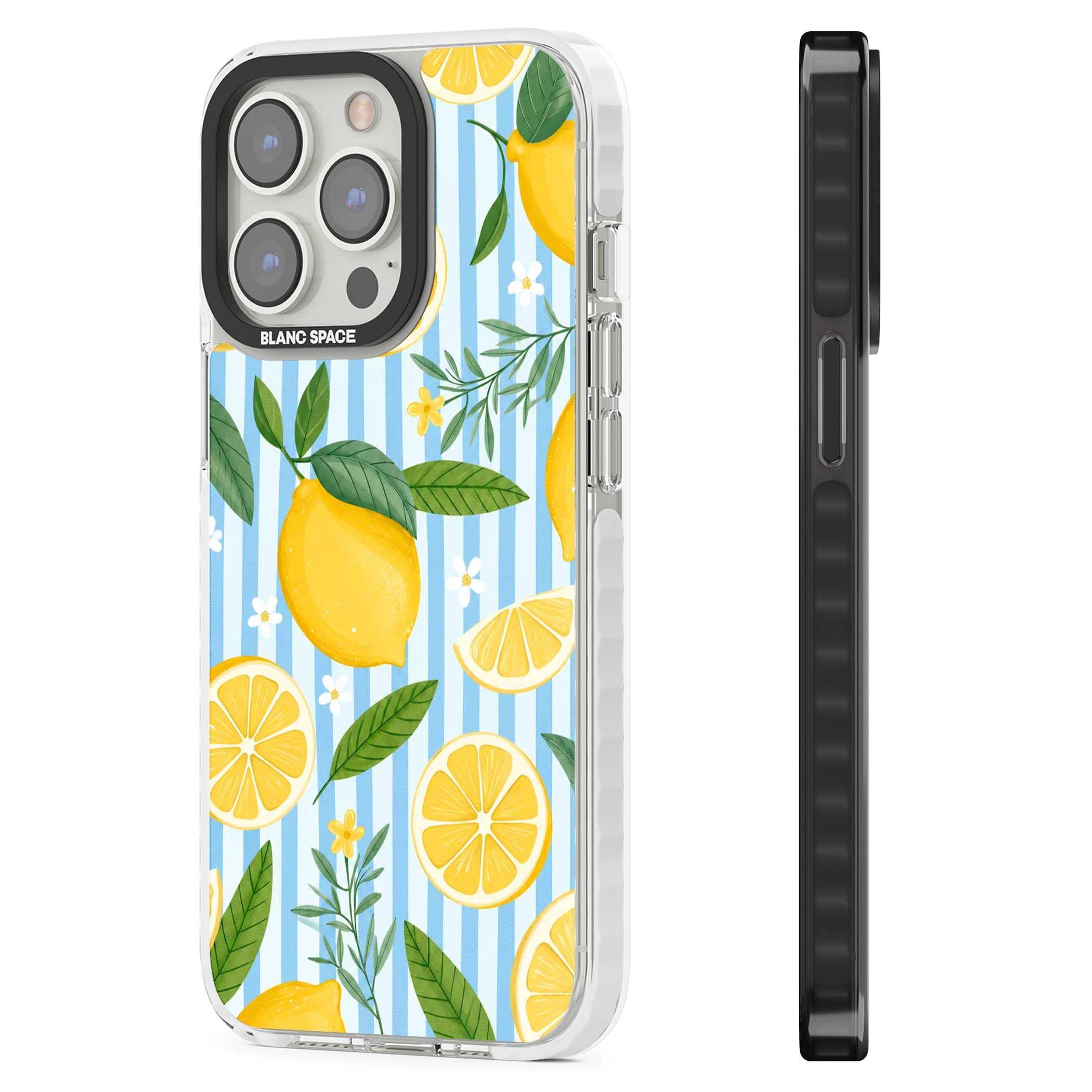 Capri Citrus Stripe coastal iPhone case featuring yellow lemons, blue stripes, and white daisy blossoms | Impact Magsafe case for iPhone 13 Pro, iPhone 14 Pro, iPhone 15 Pro