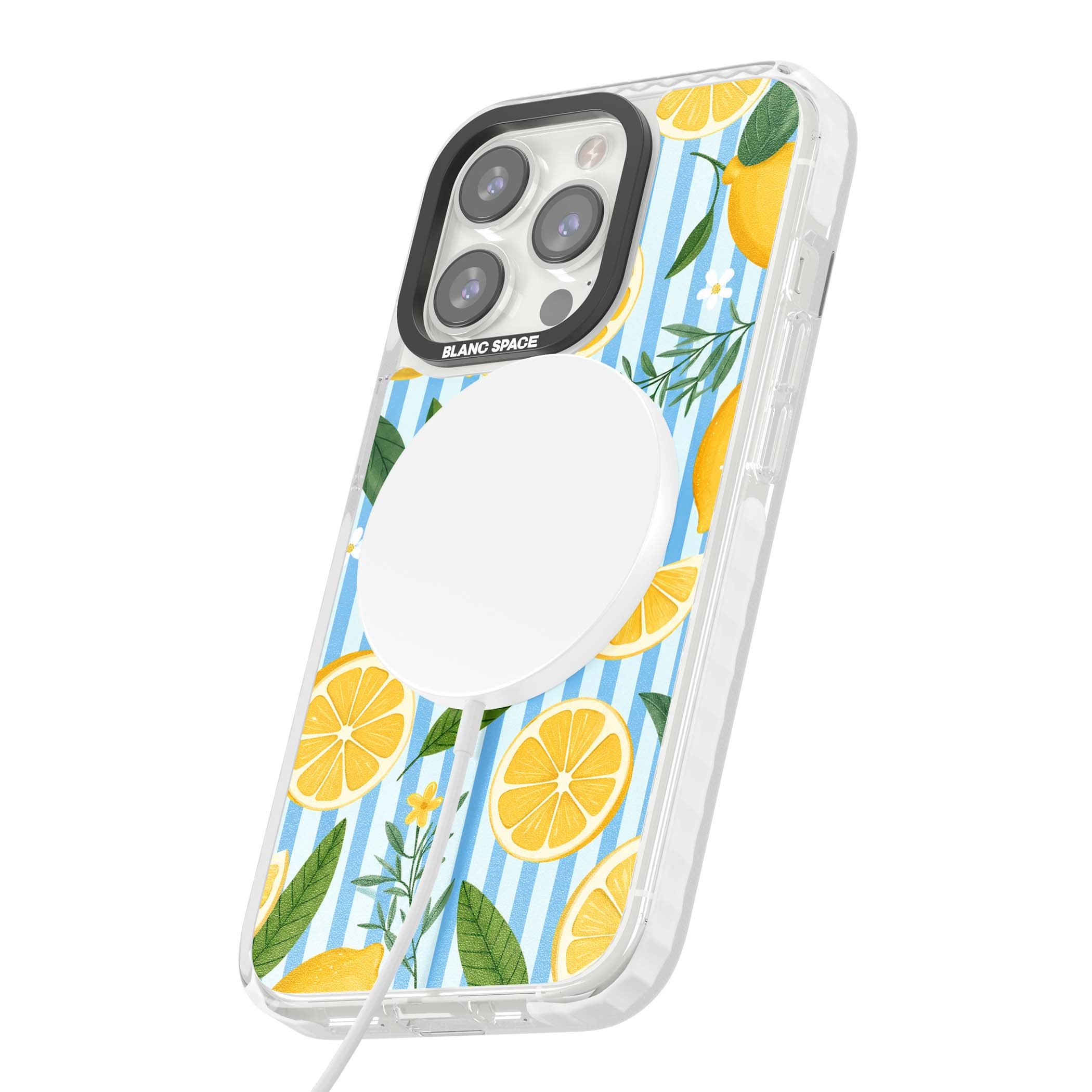 Capri Citrus Stripe coastal iPhone case featuring yellow lemons, blue stripes, and white daisy blossoms | Impact Magsafe case for iPhone 13 Pro, iPhone 14 Pro, iPhone 15 Pro