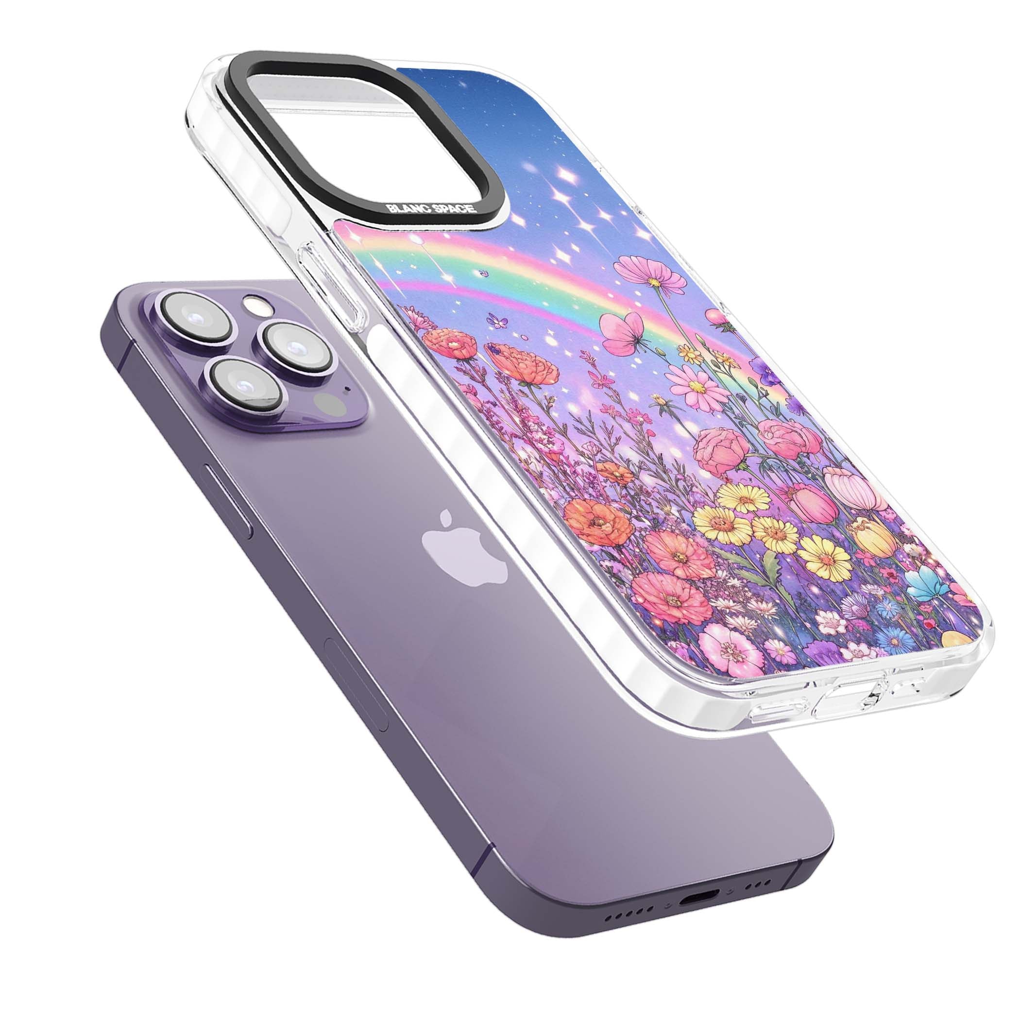 Magical Meadow fairycore iPhone case featuring a pastel rainbow, sparkling stars and a wildflower meadow | Impact Magsafe case for iPhone 13 Pro, iPhone 14 Pro, iPhone 15 Pro