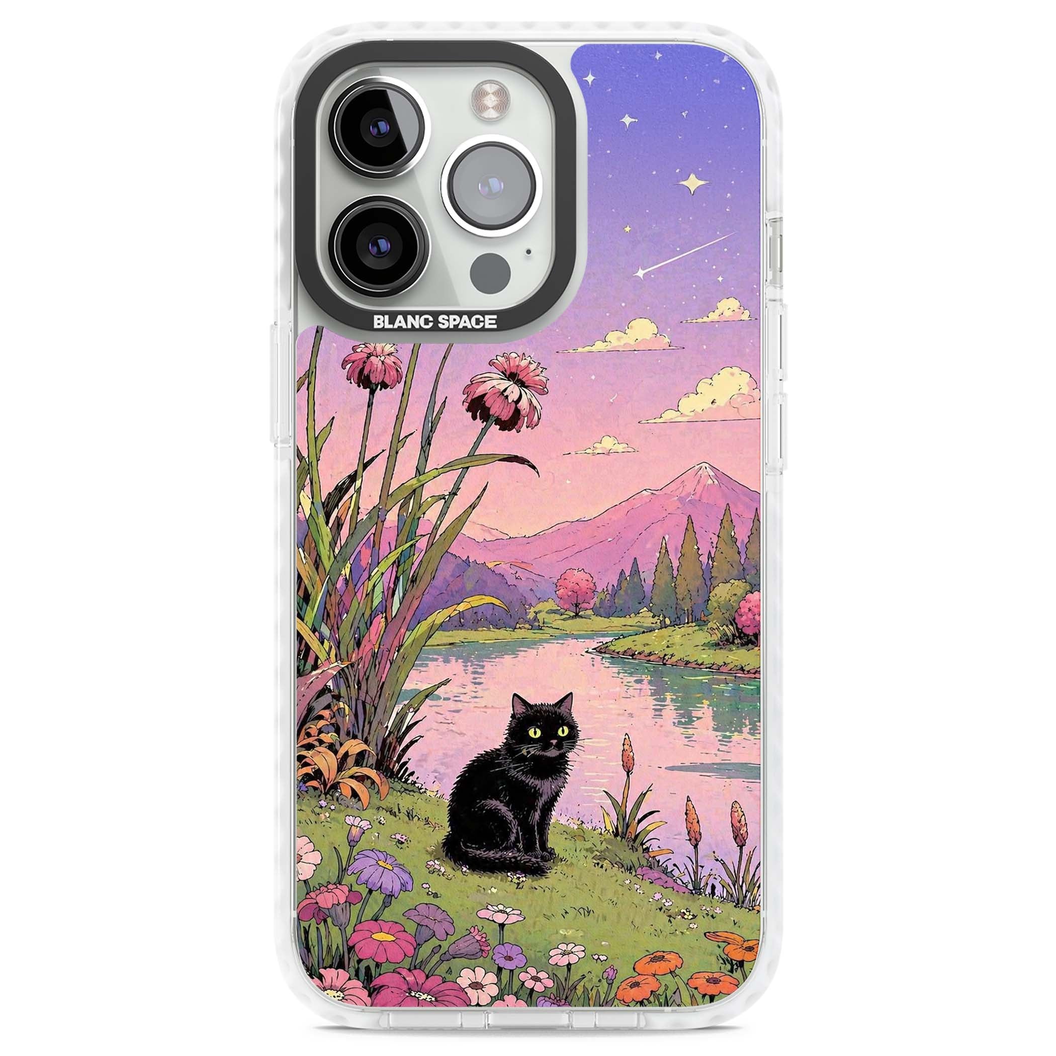 Mystic Whiskers ghibli iPhone case featuring a black cat by a pastel lake, wildflowers and a starry sunset sky | Impact Magsafe case for iPhone 13 Pro, iPhone 14 Pro, iPhone 15 Pro