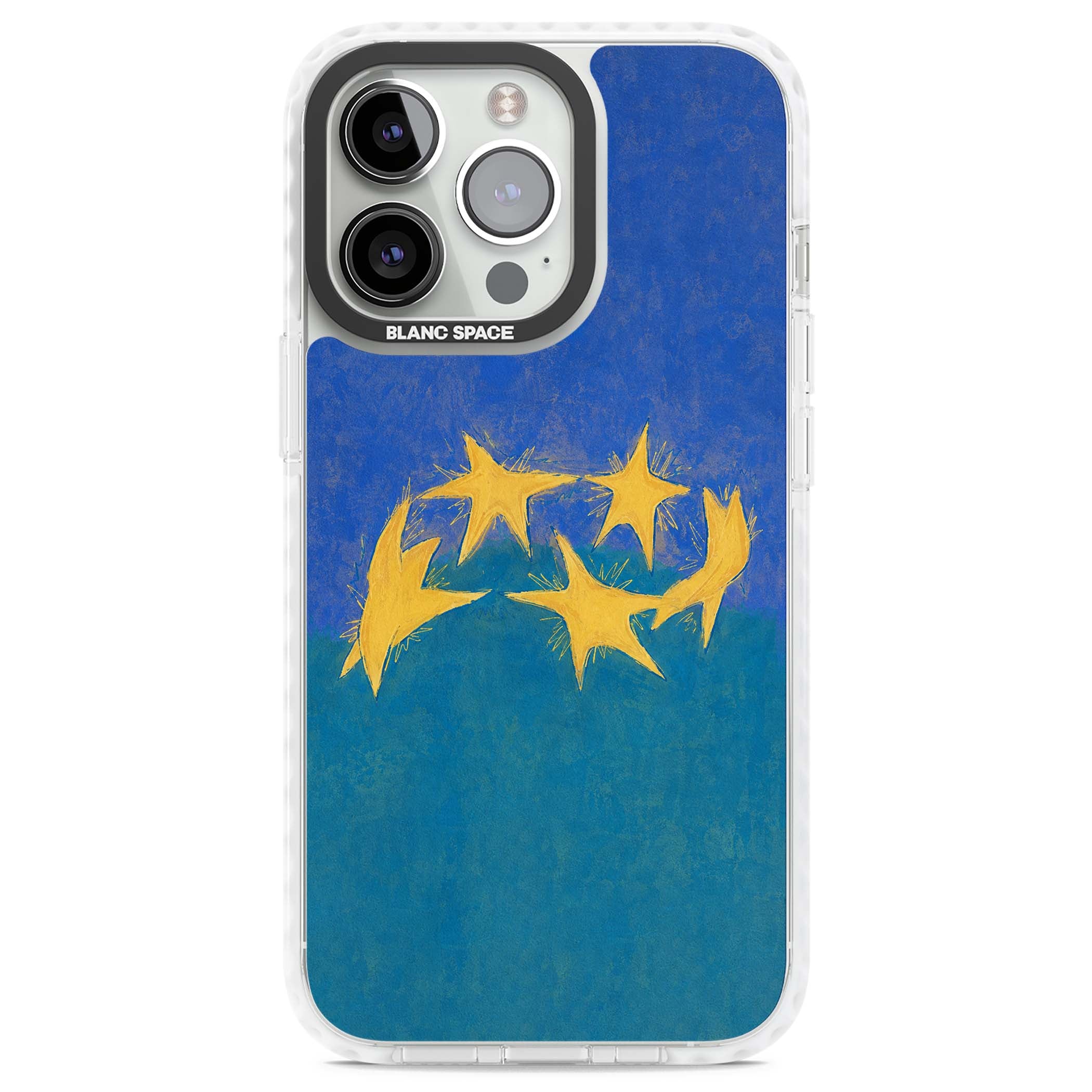 Star Boogie stars aesthetic iPhone case featuring five yellow hand-painted stars on cobalt blue and teal | Impact Magsafe case for iPhone 13 Pro, iPhone 14 Pro, iPhone 15 Pro