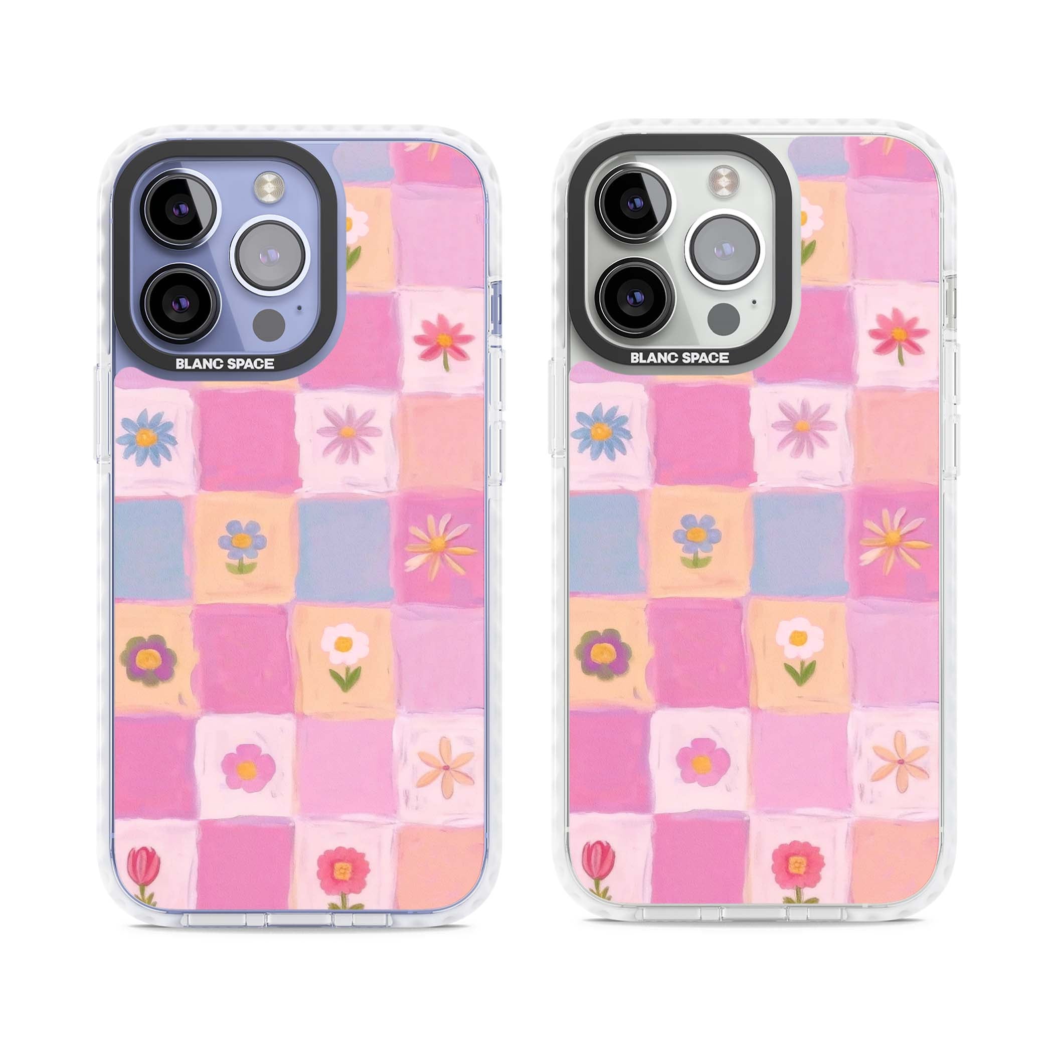 Pastel Flower Patchwork cottagecore iPhone case featuring painted pink and lilac squares with daisies and wildflowers | Impact Magsafe case for iPhone 13 Pro, iPhone 14 Pro, iPhone 15 Pro
