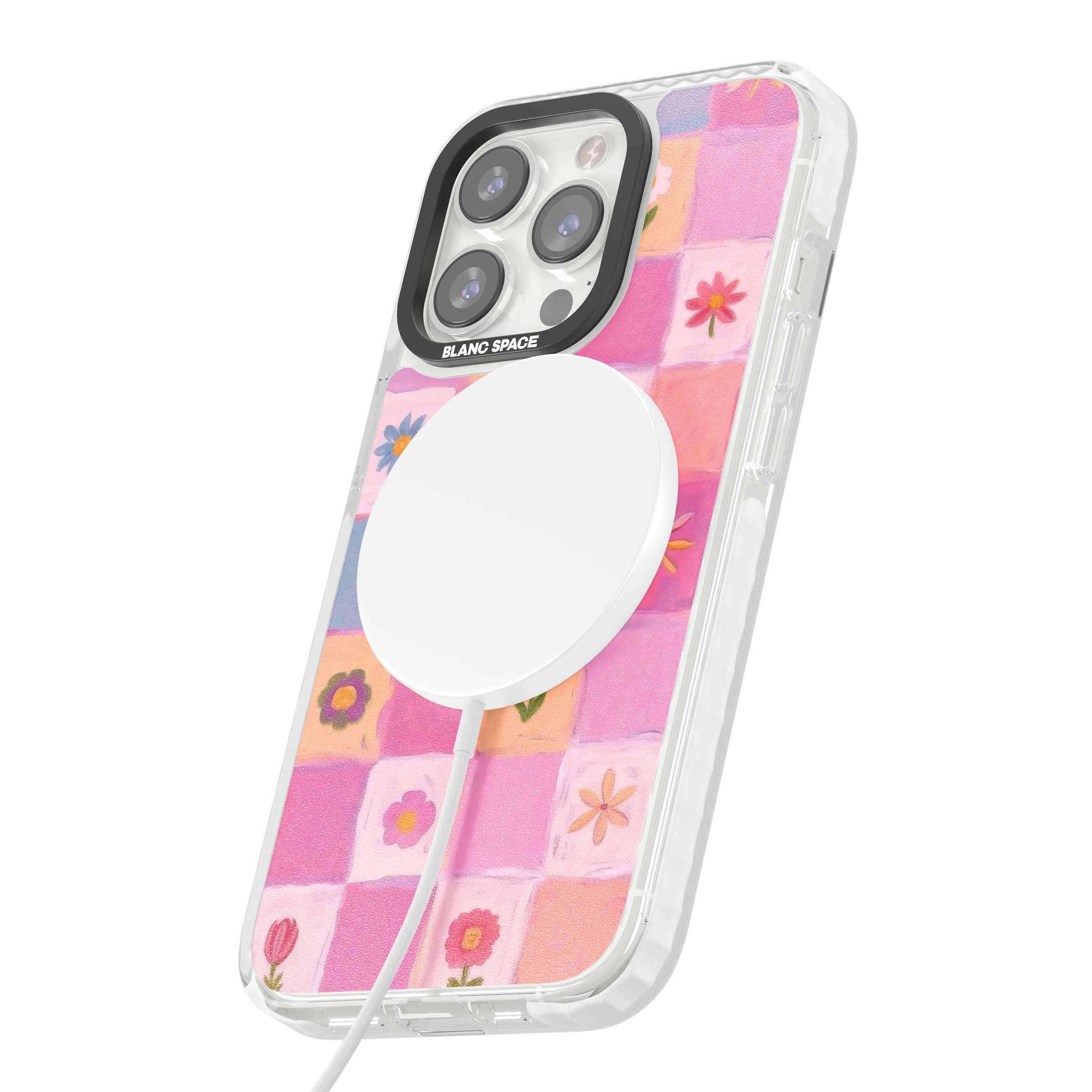 Pastel Flower Patchwork cottagecore iPhone case featuring painted pink and lilac squares with daisies and wildflowers | Impact Magsafe case for iPhone 13 Pro, iPhone 14 Pro, iPhone 15 Pro