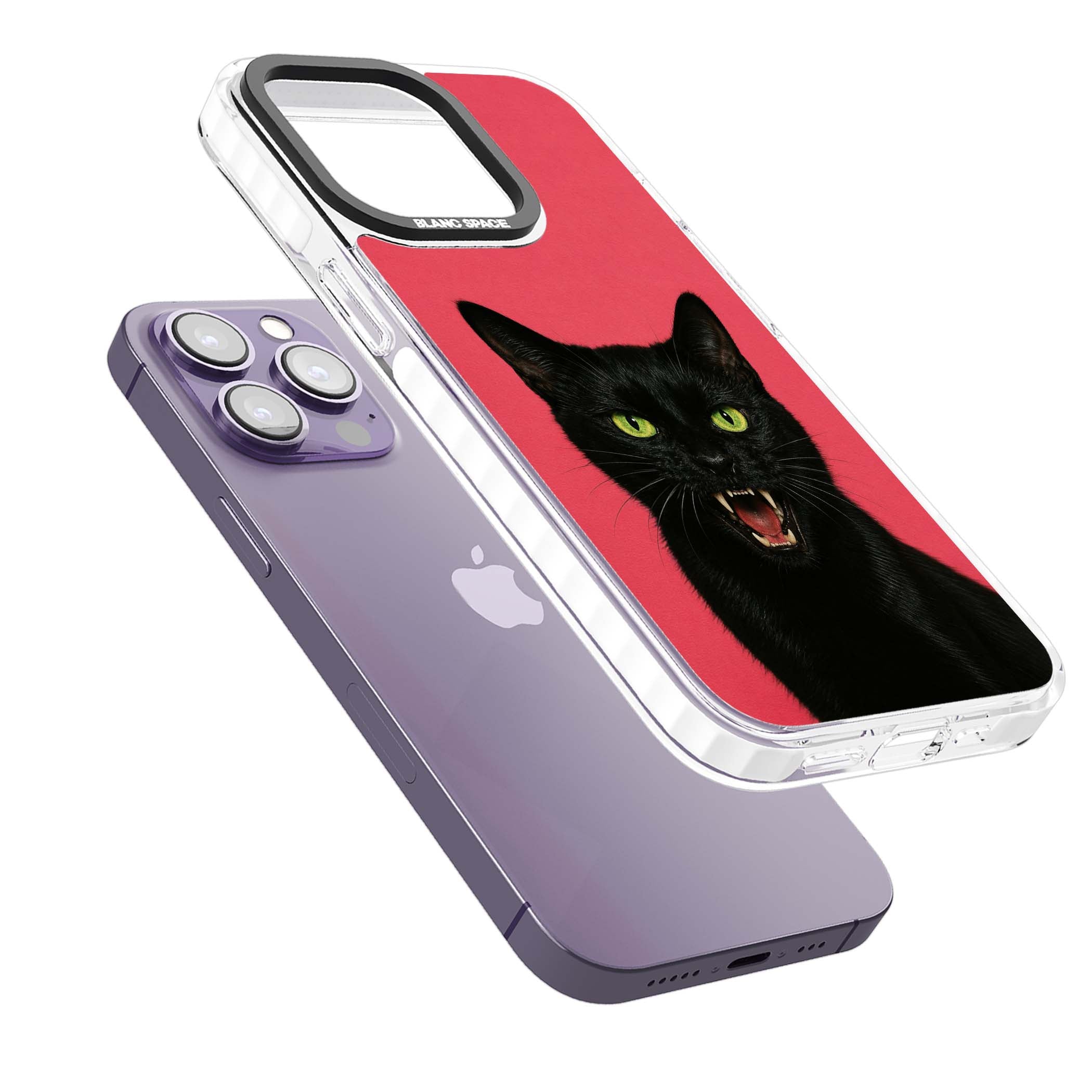 Hissin' Baddie black cat iPhone case featuring a hissing feline with green eyes on a hot pink background | Impact Magsafe case for iPhone 13 Pro, iPhone 14 Pro, iPhone 15 Pro