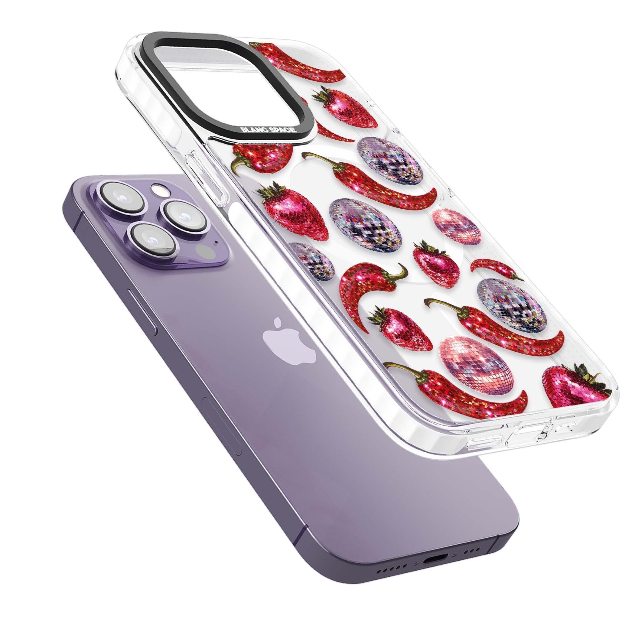 Spicy Disco Y2K iPhone case featuring glitter disco balls, sparkly strawberries and red chilli peppers | Impact Magsafe case for iPhone 13 Pro, iPhone 14 Pro, iPhone 15 Pro