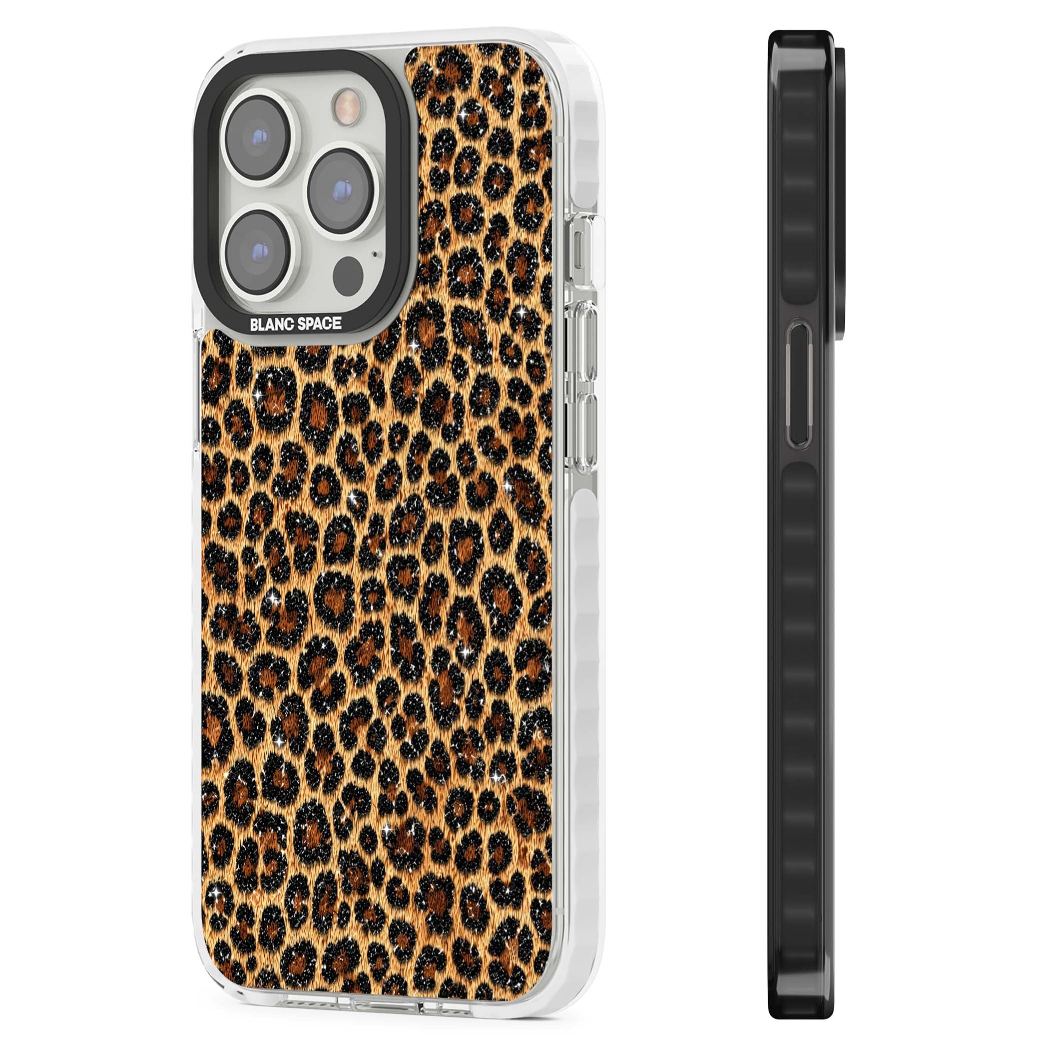 Diamond Leopard leopard print iPhone case featuring golden tan fur, black rosette spots and subtle glitter sparkle | Impact Magsafe case for iPhone 13 Pro, iPhone 14 Pro, iPhone 15 Pro