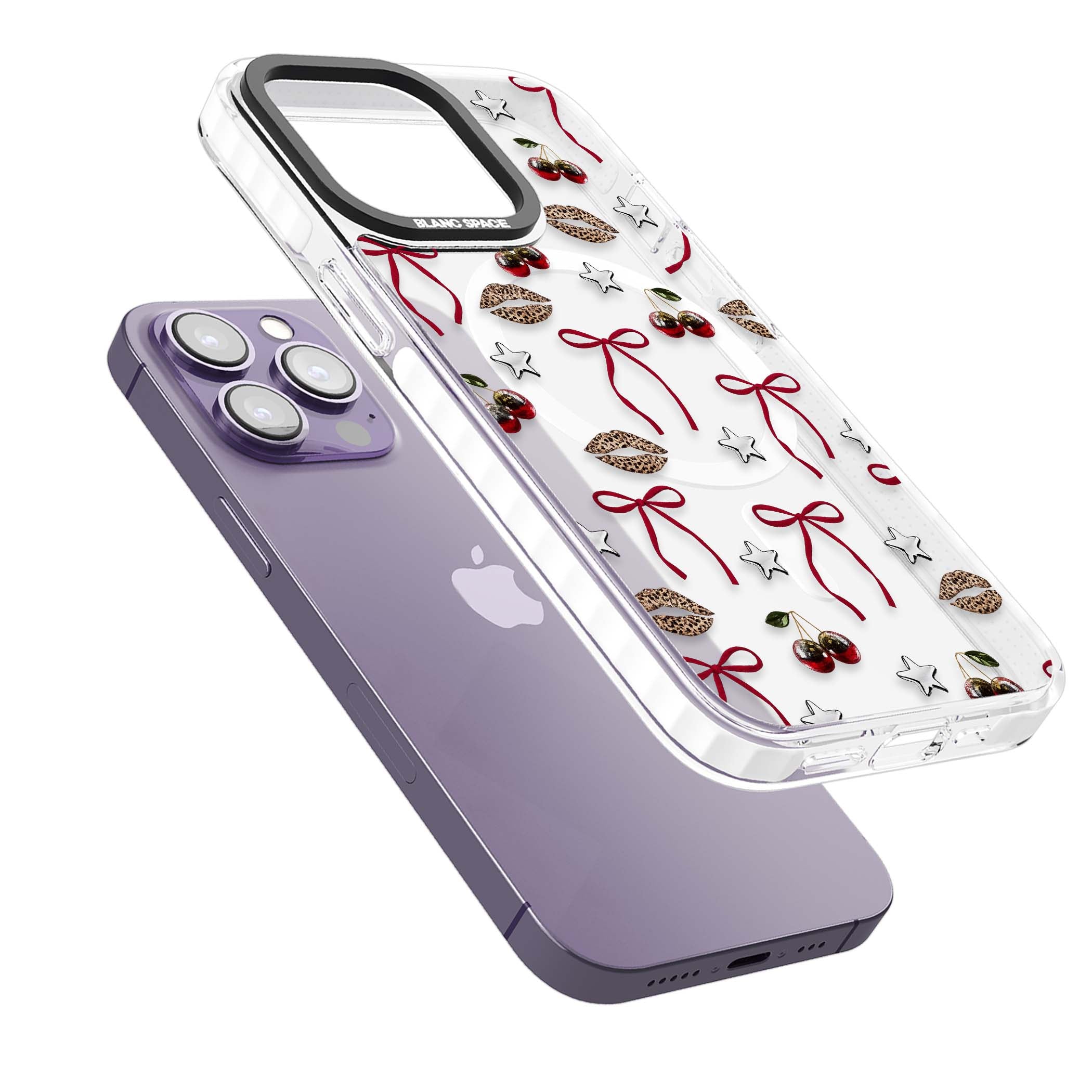 Starlet coquette iPhone case featuring red ribbon bows, disco cherries and leopard-print lips | Impact Magsafe case for iPhone 13 Pro, iPhone 14 Pro, iPhone 15 Pro