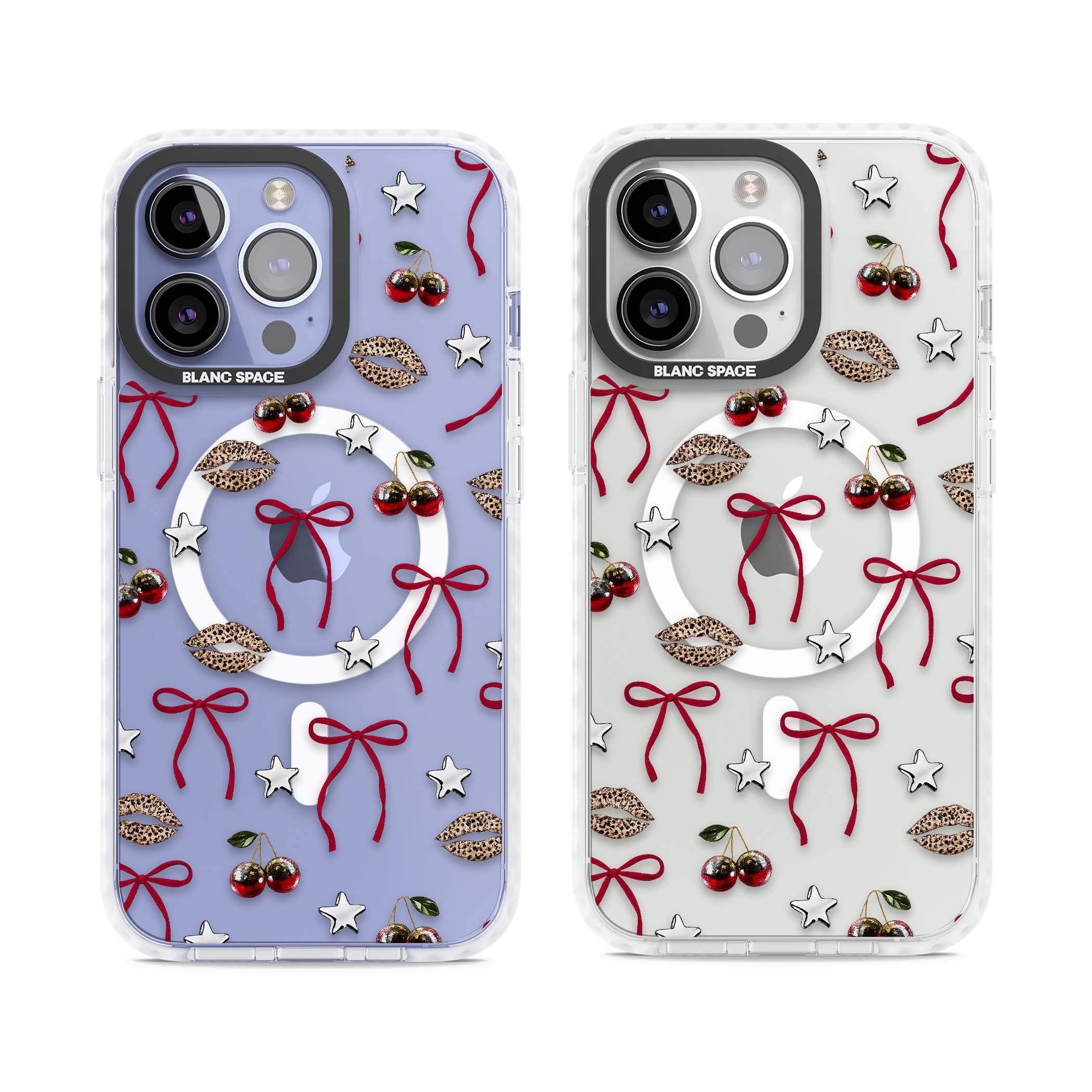 Starlet coquette iPhone case featuring red ribbon bows, disco cherries and leopard-print lips | Impact Magsafe case for iPhone 13 Pro, iPhone 14 Pro, iPhone 15 Pro