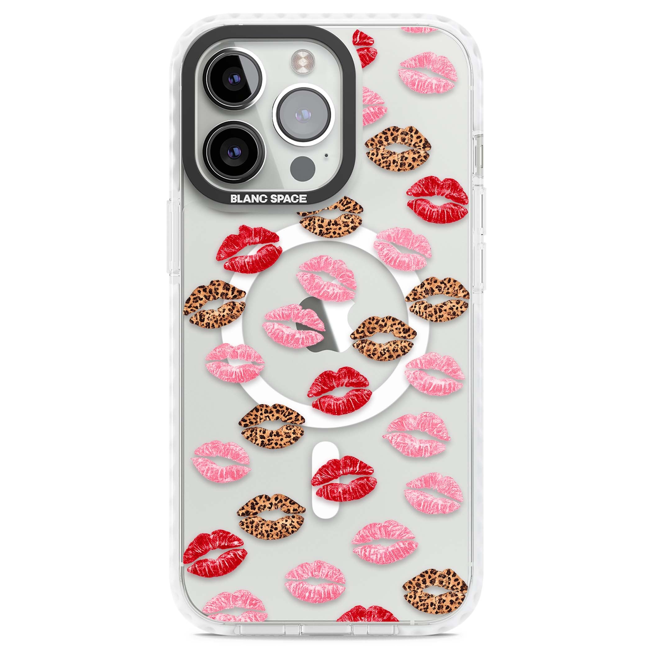 Wild Kisses coquette iPhone case featuring red, pink and leopard print lipstick kiss marks on a clear background | Impact Magsafe case for iPhone 13 Pro, iPhone 14 Pro, iPhone 15 Pro