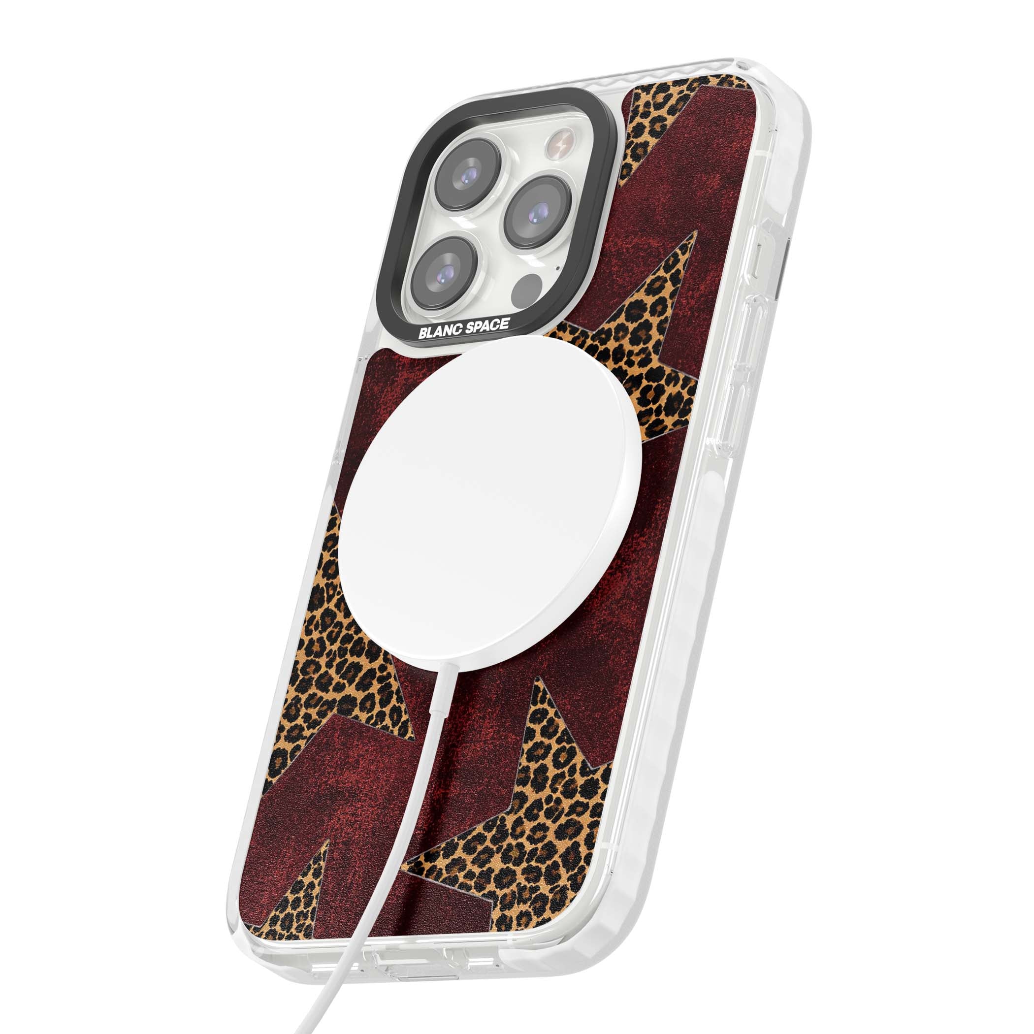 Showgirl leopard print iPhone case featuring cheetah print stars on distressed red grunge background | Impact Magsafe case for iPhone 13 Pro, iPhone 14 Pro, iPhone 15 Pro