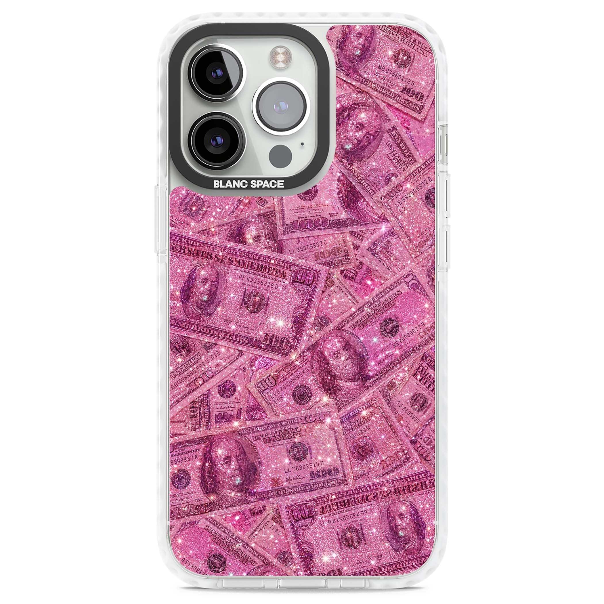 Glamorous baddie iPhone case featuring pink glitter hundred dollar bills and sparkling money wallpaper design | Impact Magsafe case for iPhone 13 Pro, iPhone 14 Pro, iPhone 15 Pro