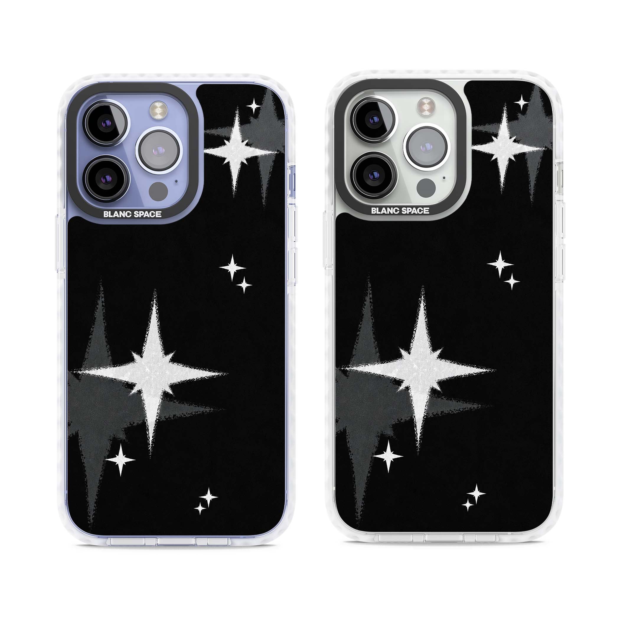 Black Sparkle celestial iPhone case featuring white sparkle stars on a black night sky background | Impact Magsafe case for iPhone 13 Pro, iPhone 14 Pro, iPhone 15 Pro