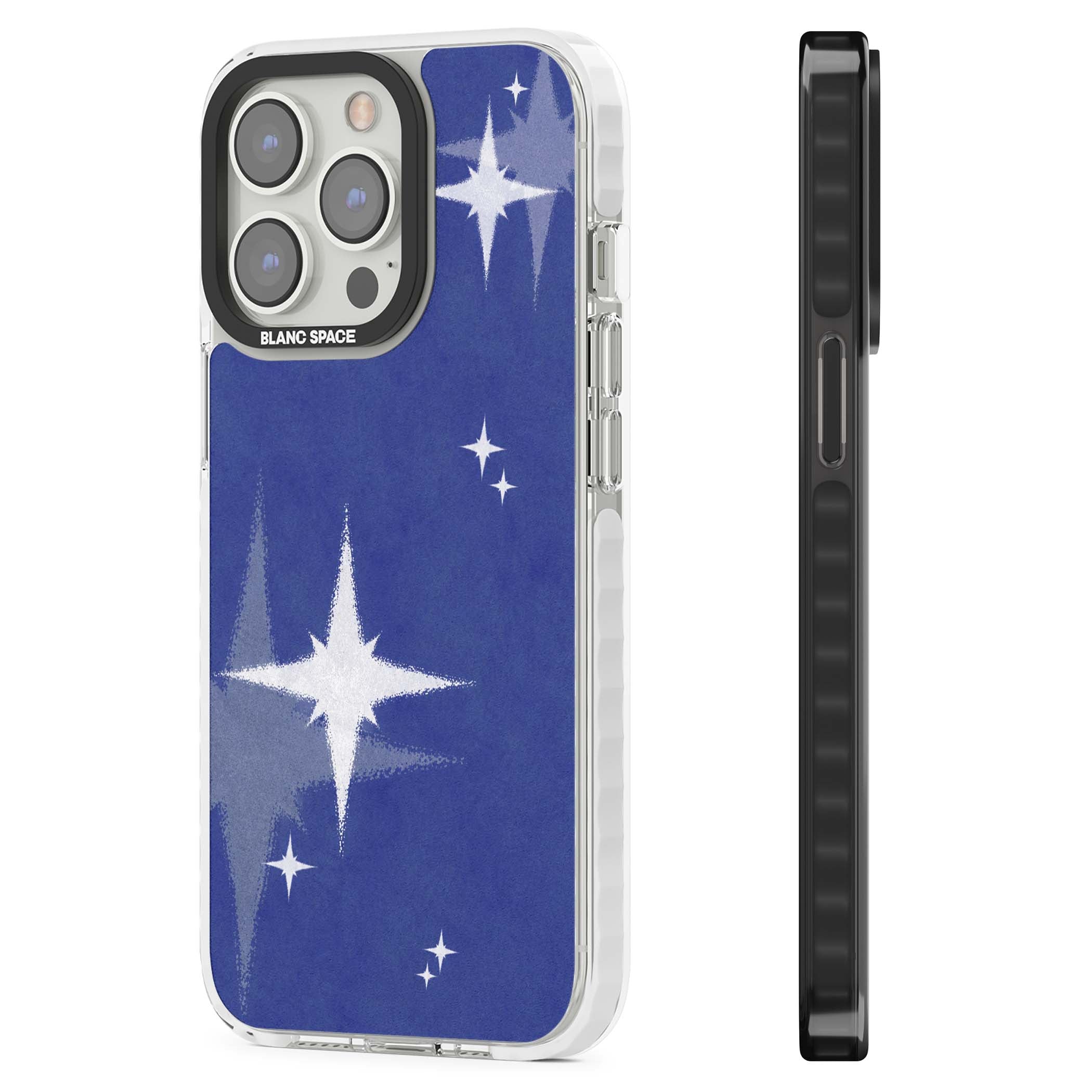 Blue Sparkle celestial iPhone case featuring sparkling silver stars on a deep blue painterly night sky | Impact Magsafe case for iPhone 13 Pro, iPhone 14 Pro, iPhone 15 Pro