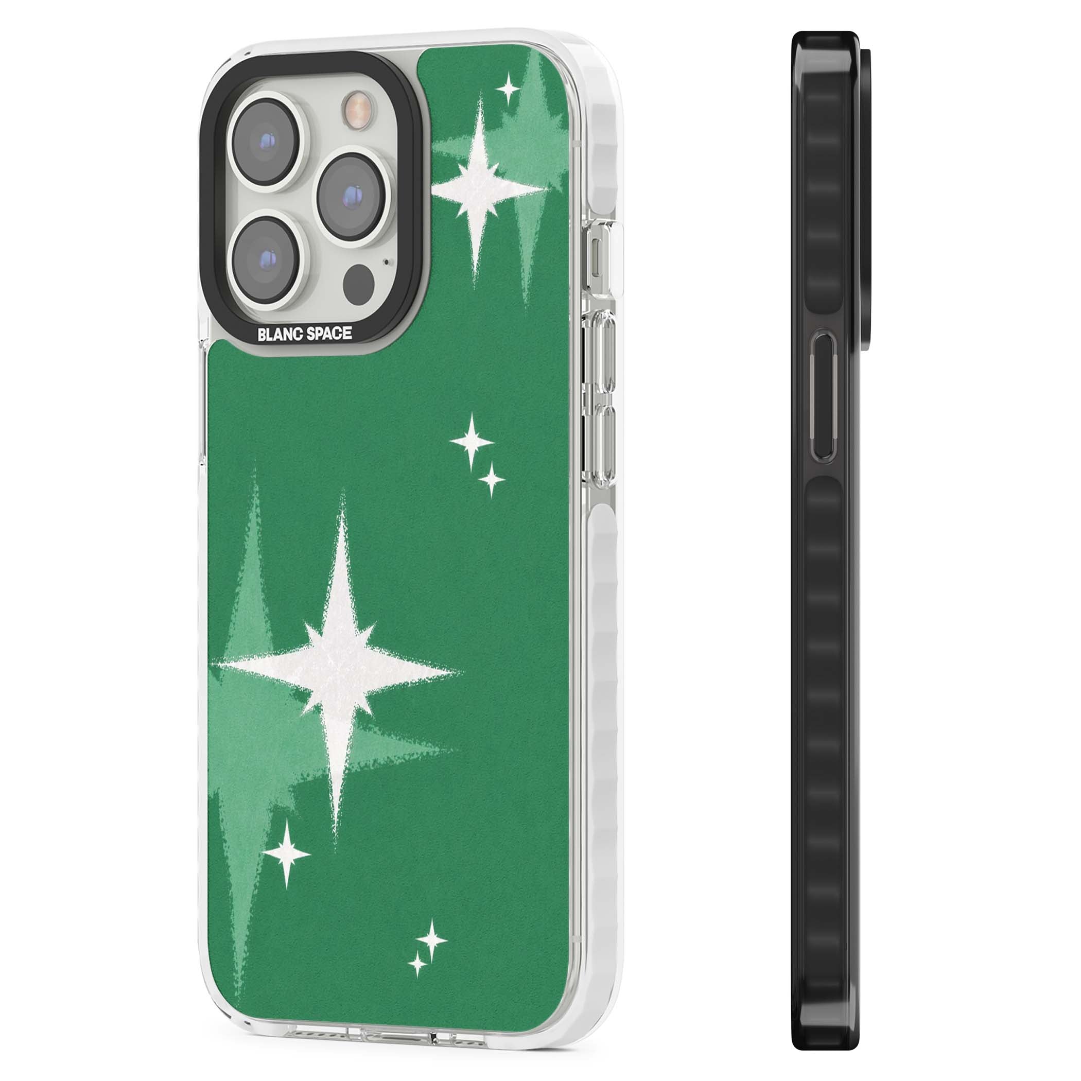 Green Sparkle celestial iPhone case featuring sparkling white four-point stars on a deep green background | Impact Magsafe case for iPhone 13 Pro, iPhone 14 Pro, iPhone 15 Pro