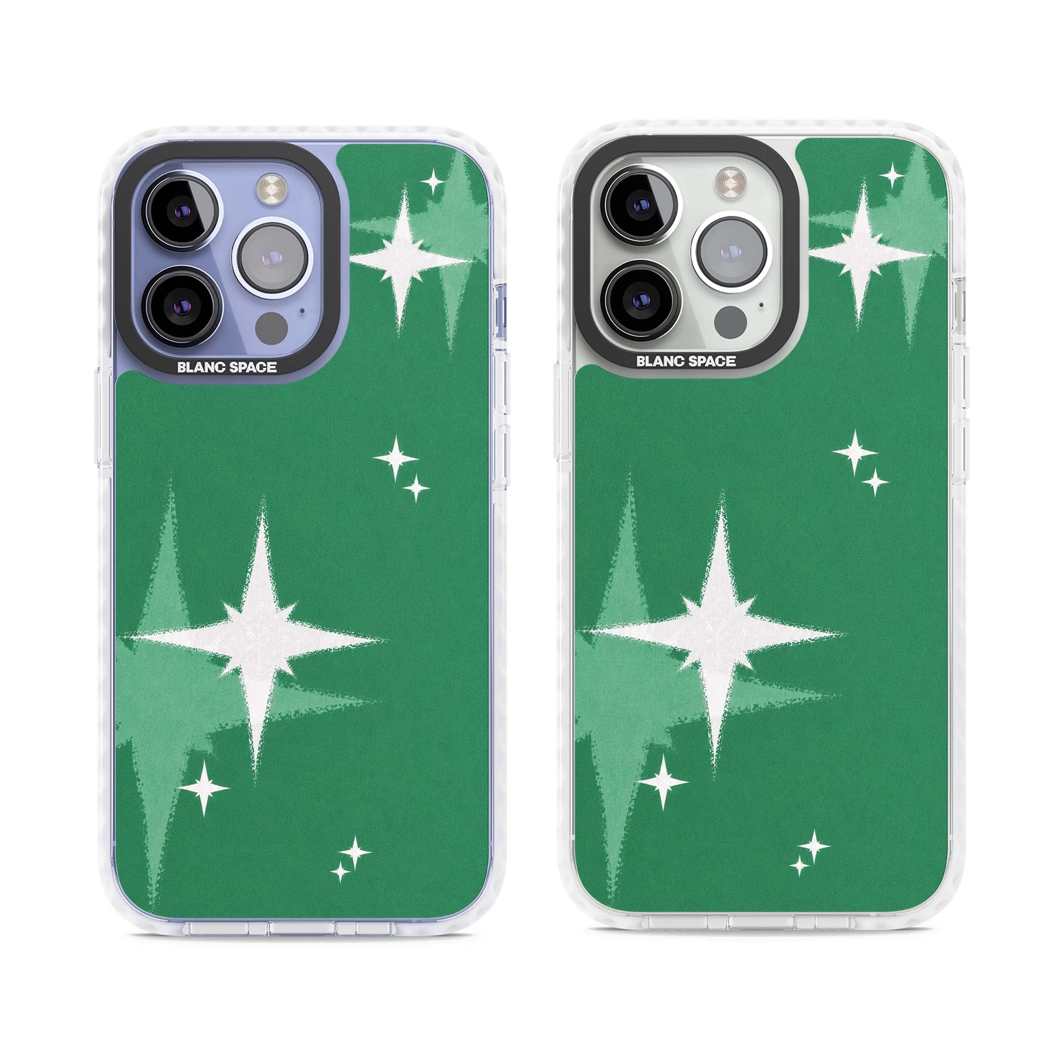 Green Sparkle celestial iPhone case featuring sparkling white four-point stars on a deep green background | Impact Magsafe case for iPhone 13 Pro, iPhone 14 Pro, iPhone 15 Pro