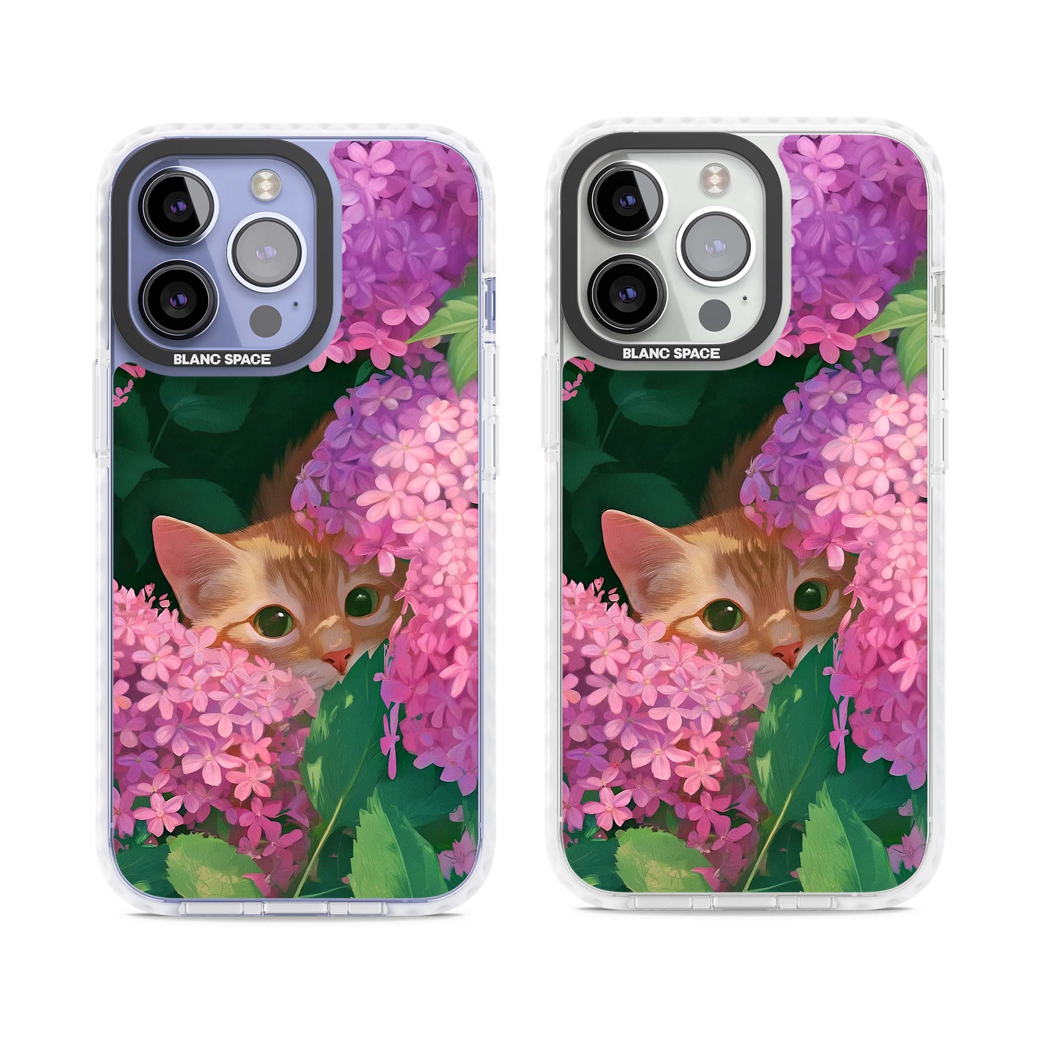 Cat In Pink Flowers cottagecore iPhone case featuring a ginger kitten peeking through lilac and pink hydrangea flo | Impact Magsafe case for iPhone 13 Pro, iPhone 14 Pro, iPhone 15 Pro