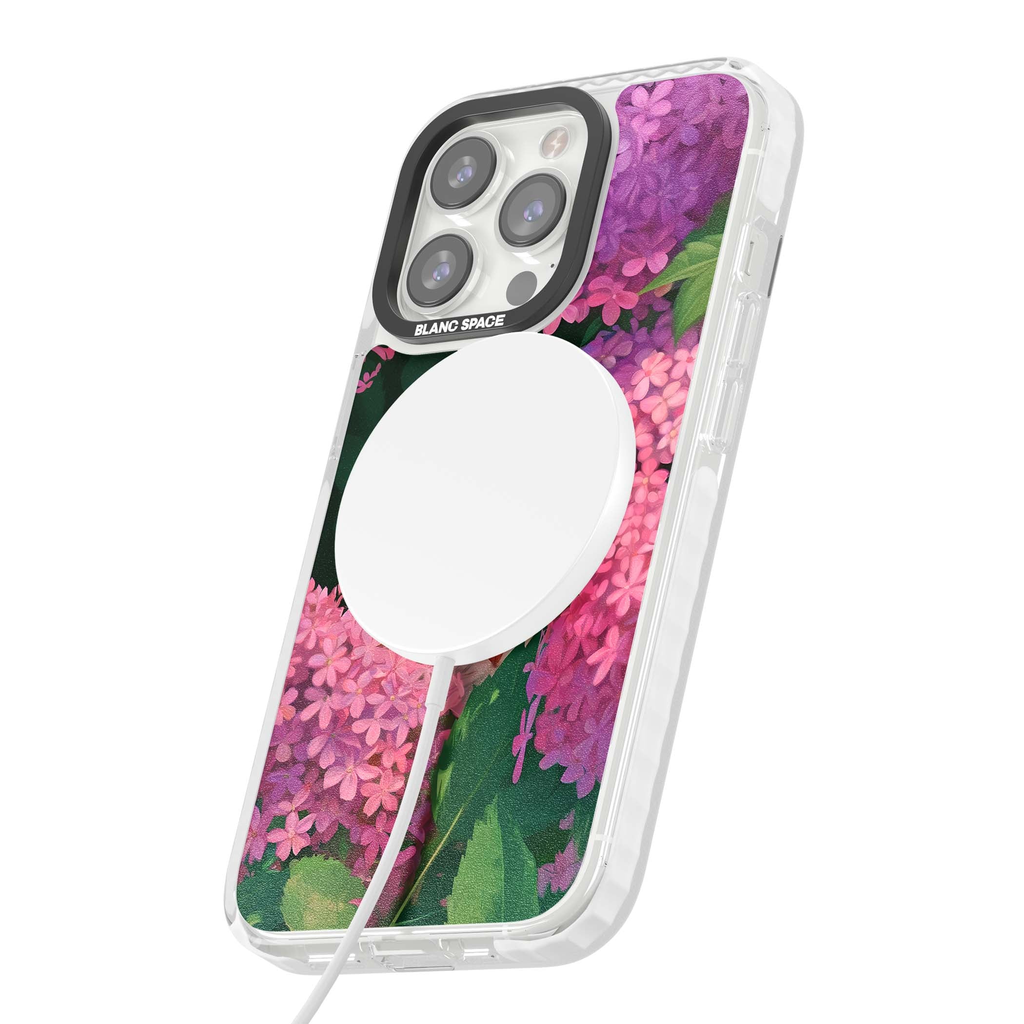 Cat In Pink Flowers cottagecore iPhone case featuring a ginger kitten peeking through lilac and pink hydrangea flo | Impact Magsafe case for iPhone 13 Pro, iPhone 14 Pro, iPhone 15 Pro