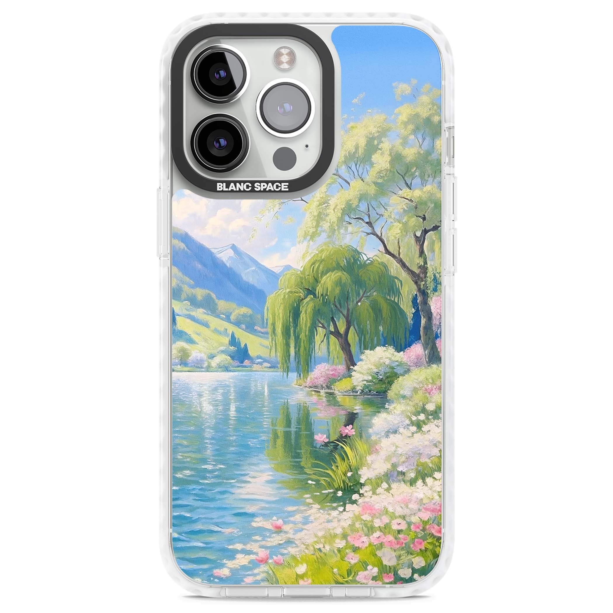 Willow Lake cottagecore iPhone case featuring a painted lakeside with weeping willow, blossoms and distant mountains | Impact Magsafe case for iPhone 13 Pro, iPhone 14 Pro, iPhone 15 Pro