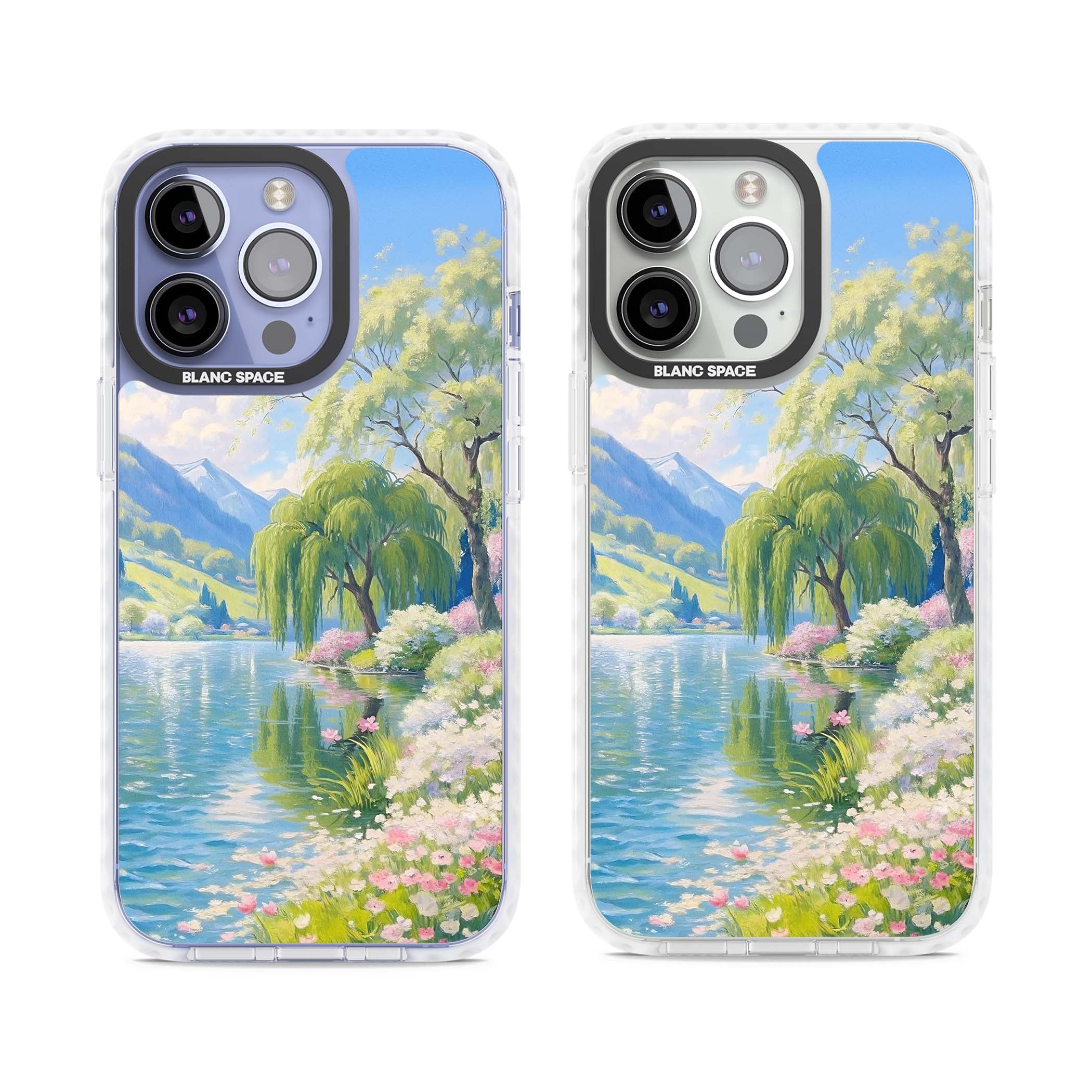Willow Lake cottagecore iPhone case featuring a painted lakeside with weeping willow, blossoms and distant mountains | Impact Magsafe case for iPhone 13 Pro, iPhone 14 Pro, iPhone 15 Pro
